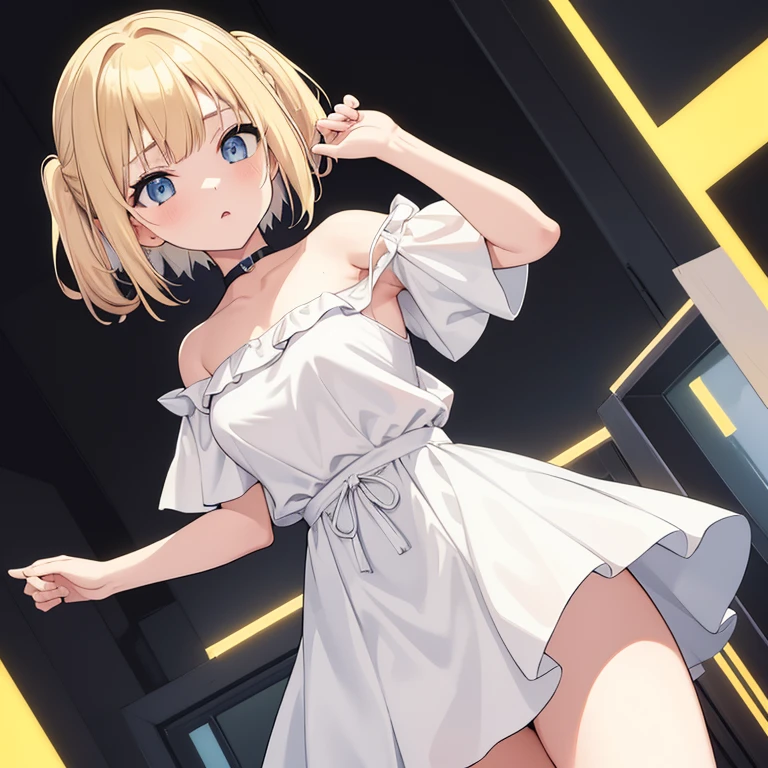 absurderes, ultra-detailliert,bright colour, extremely beautiful detailed anime face and eyes,Indoors, gaze at the audience,(You can see the starry sky from the window:1.2),(Pleasant face:1.4), bow ribbon, window,浴室、Wash your body in the shower,Chair,Hide your chest with steam,blur,closing eye,Opening Mouth,barechested、 from the rear, feet outside the frame, depth of fields, 25 years old,Short hair, , asymmetrical bangs, Blonde hair with short twin tails, Shiny hair, Delicate beautiful face, red blush、Blue eyes, White skin, hair clips, earrings, a necklace,nighttime scene