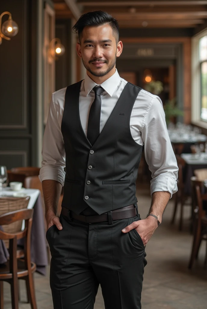 ((Men only)), (cowboy shot), ((showing his abs)),  (wearing a red vest on bare skin), (handsome muscular male waiter in his 30s), (in the restaurant), (wearing a vest on bare skin), (Mischievous smile), (detaile: 1 in 1), Natural muscles, HIG quality, beautidful eyes, (Detailed face and eyes), (Face、: 1 / 2), Noise, Real Photographics、... .................................................................................................................PSD, Sharp Focus, High resolution 8K, realisitic & Professional Photography, 8K UHD, Soft lighting, High quality, Film grain, FujifilmXT3