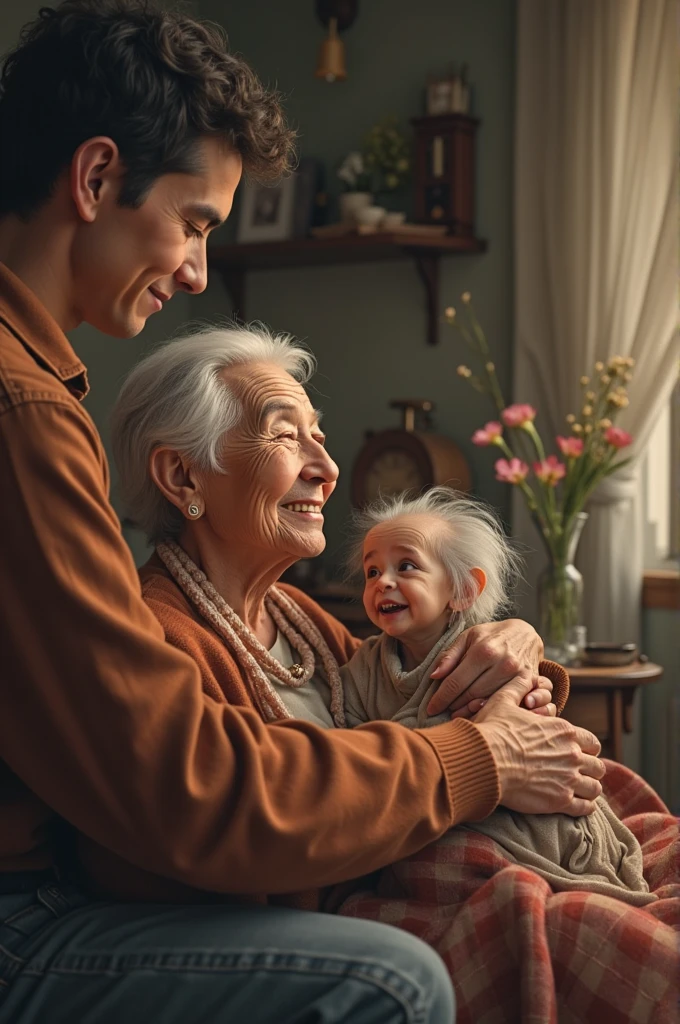 an old mother giving love to his two successful sons, disney style, vibrant colors