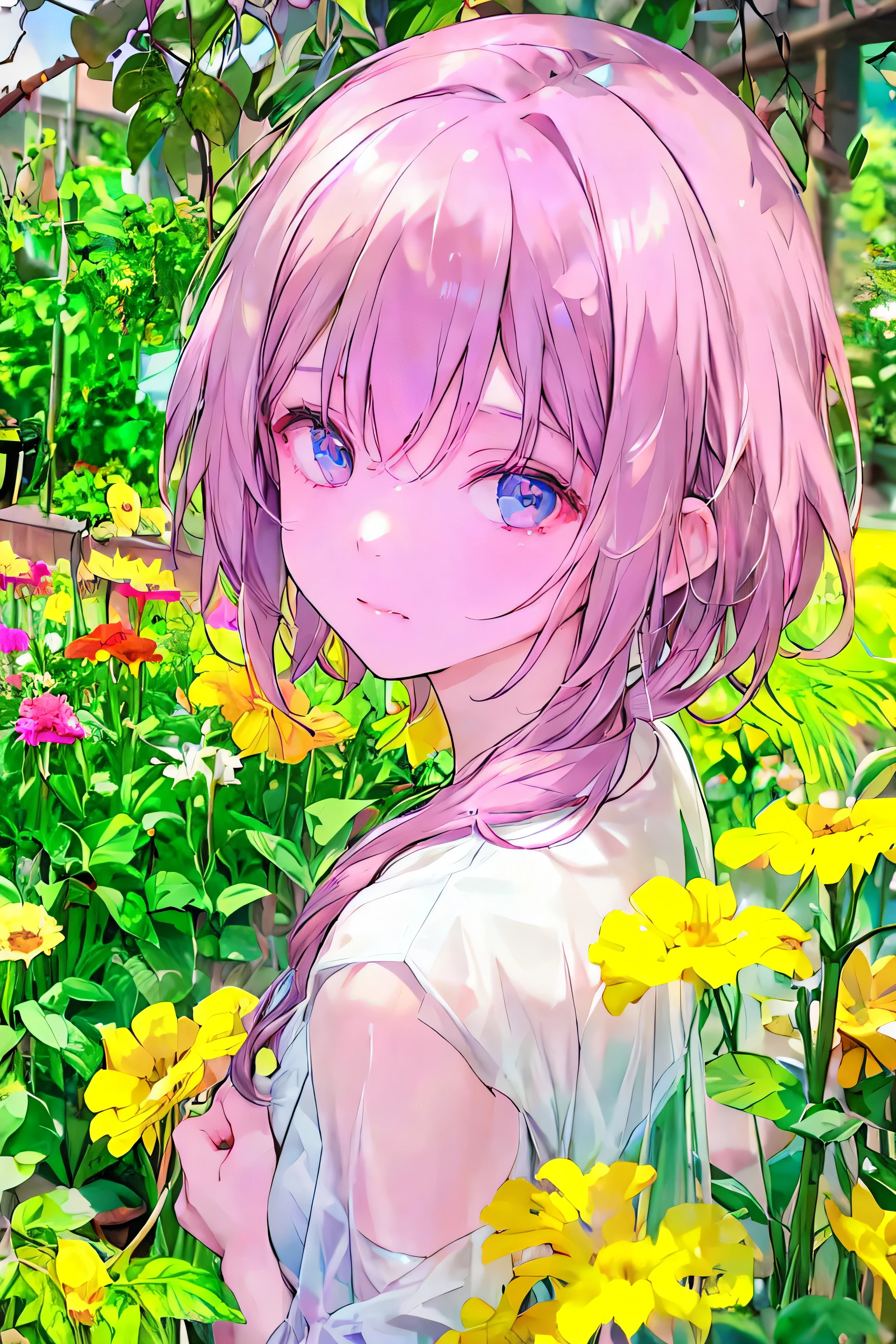 (watercolor:1.1), colorful, pastel colors, (cute illustration), (cute pop art), (pop art wallpaper), flowers, morning, morning light, morning dew flowers, morning dew on flowers, backyard, light particles, sparkle,
1girl, crouching, upper body,
BREAK 5yo, (loli:1.2), small breasts, (pink hair:1.3), (low twintails:1.2), aqua scrunchie, medium hair, (purple eyes:1.1),
smile,
BREAK (white camisole:1.1), collarbone, sleeveless,
BREAK (flare skirt, wrap skirt, plain pattern skirt:1.2), pink skirt,
(masterpiece, best quality, extremely detailed, absurdres),