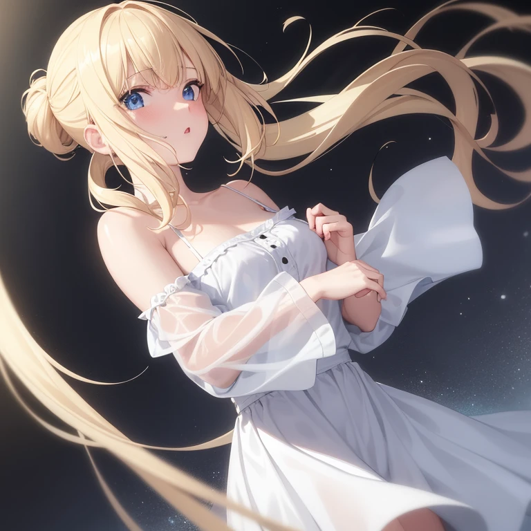 (highest quality、masterpiece、High resolution、detailed)、(Shining eyes、detailed beautiful face)、pity、((beautiful venus:1.9、woman))、(blonde hair)、(White flared skirt dress)、(Thin silk material)、(cleavage:1.4)、thighs:1.3、intricate skirt、Fantastic beautiful background:1.7、painting、Vines are wrapped around the edge of the painting、Beautiful flowers are blooming around the painting.