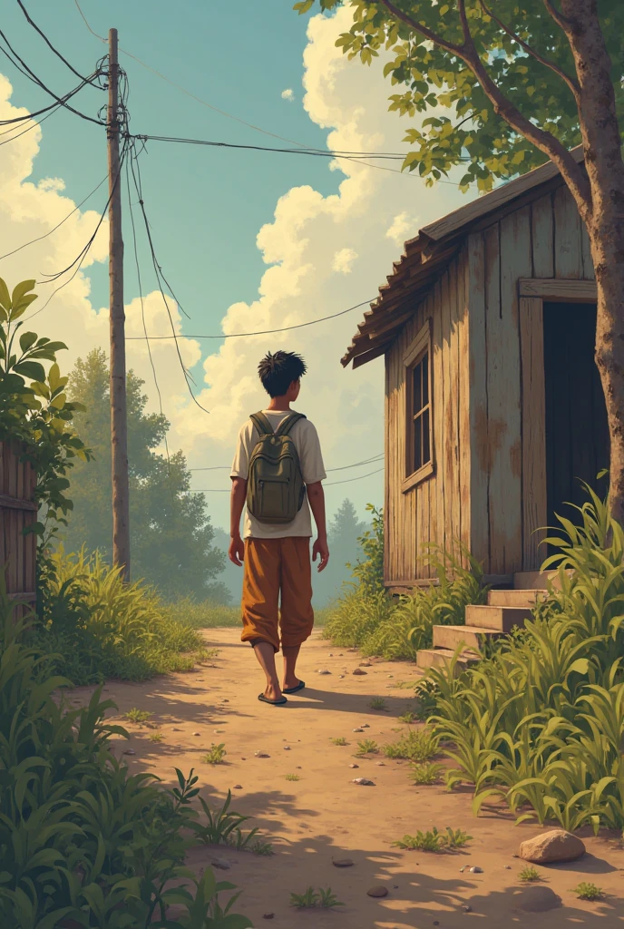 A young Indian boy with a small bag, looking back at a rural village, walking towards a distant city skyline during early morning mist. Emotional expression, traditional village in background, dirt road, simple clothes. Cartoon 
