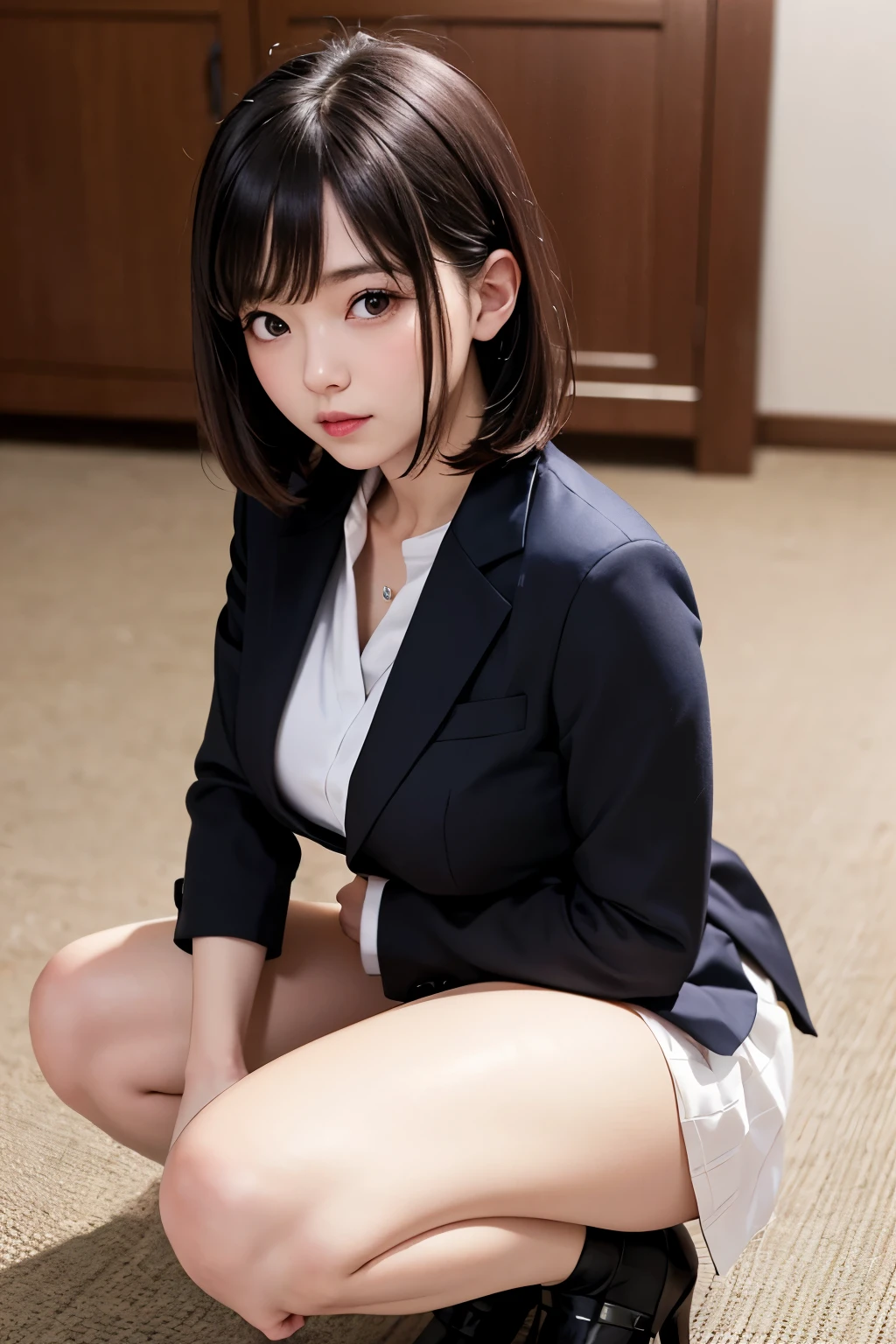 (masutepiece, Best Quality, photographrealistic:1.4), (nffsw, Raw photo, 8K Wallpaper, High resolution), (Shiny skin), Award-winning, Cinematic lighting, Physically-based rendering, Textured skin, extra detailed face, (extremely detailed eye), Carl Zeiss 300mm F/2.8, (Solo, 1 girl), BREAK, Very cute 16 year old schoolgirl, Nogizaka Idol, K-pop idol, Shiny straight black hair, Medium Bob Cut, Bangs, medium breasts, thick thighs, (Squatting, Hug your knees with your arms), Wearing a Japan uniform, (School Blazer Jacket:1.3), (collared white shirt, School Ribbon, Pleated skirt, Shorts, Loose socks, lowfers), BREAK, In the outfield, (Close Shot, View from the front, View from below), bokeh on background,