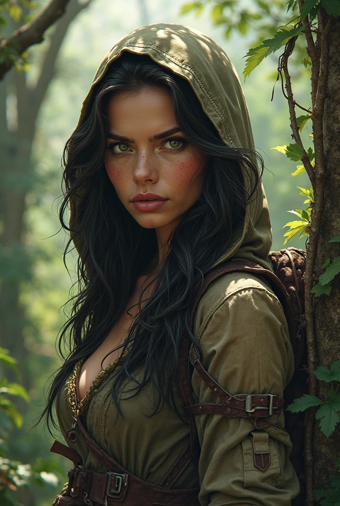 adriana lima, thick brown hair, hot , Ukrainian girl, wavy brown hair, Dasha Taran, pretty beautiful brunette, (solo one girl : 2.0), ultra realistic oil potrait of a pensive woman, 35 years old, dark straight disheveled hair, wearing old crumpled dress, day light, sharp focus, a deciduous forest, morning, raytracing, masterpiece