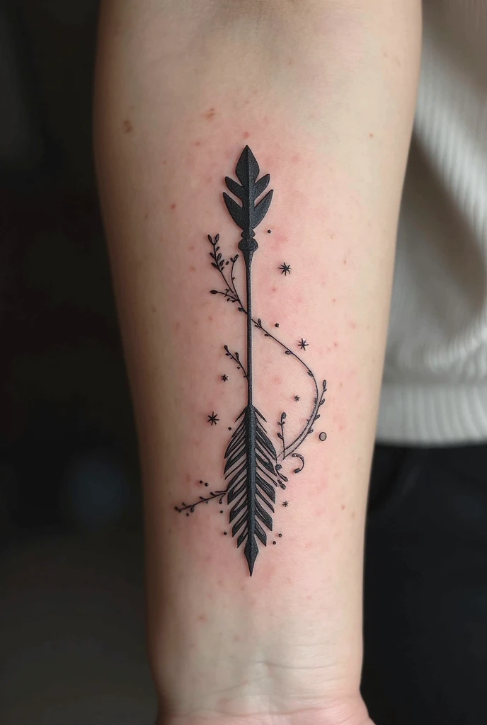 A small tattoo on the arm with:
-a bow and arrow -a sprig of wheat and tulip -scorpion