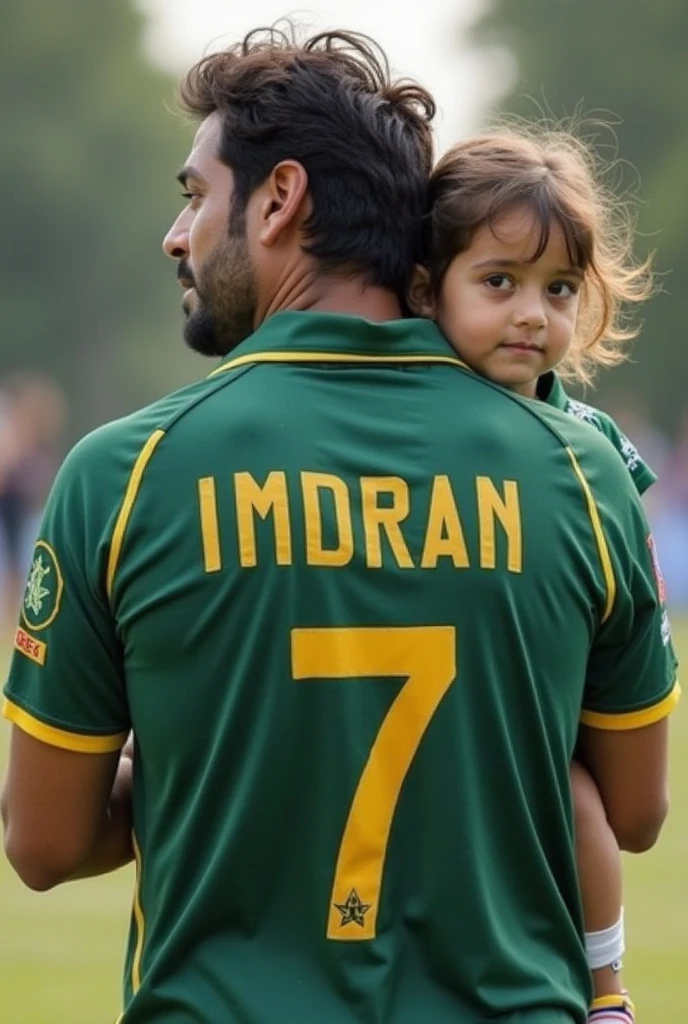 5year old nephew in green t-shirts with 21year old uncle with beard in a cricket going to batting against India the nephew name on t-shirts is SHURAIM back side and t-shirts number is 56 and the uncle name on t-shirts is TAIMUR and t-shirts number is 7 back side