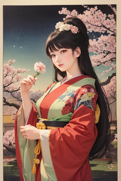  Ukiyo-e,  cherry blossoms at night, princess