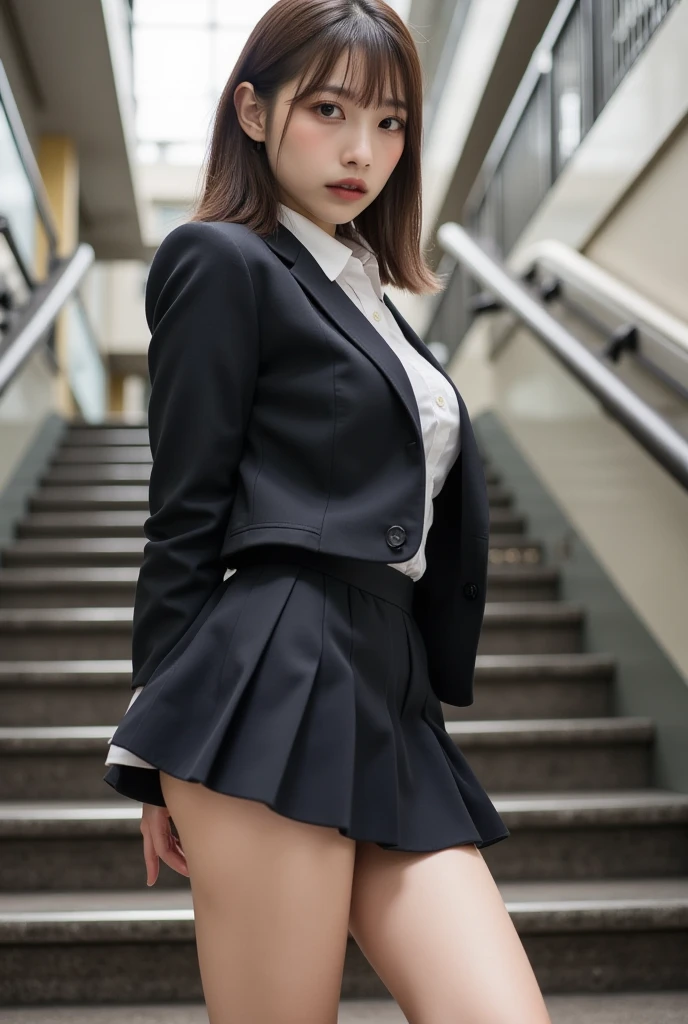 (masterpiece, highest quality:1.4), award-winning portraits, 8K, 85mm, alone, beautiful face, delicate girl, , (dark navy blazer jacket), dark navy skirt, long sleeve, violaces, gardenia, grace, Sophisticated, cute, teen, looking at the viewer, 15 years old, Raw photo, disorganized, HDR, sharp focus, A bow tie, background bokeh、(((flat 、thin and delicate body、A childish atmosphere)))、Her shiny semi-long hair is tied up、hair swaying in the wind、Mole on the left cheek、large, round, dark blue eyes、full body、random pose、Run、sprinting、Skirt fluttering in the wind、Junior idol、Nogizaka Idol、widening skirt、jump、mole under eye、sexy、Not wearing underwear