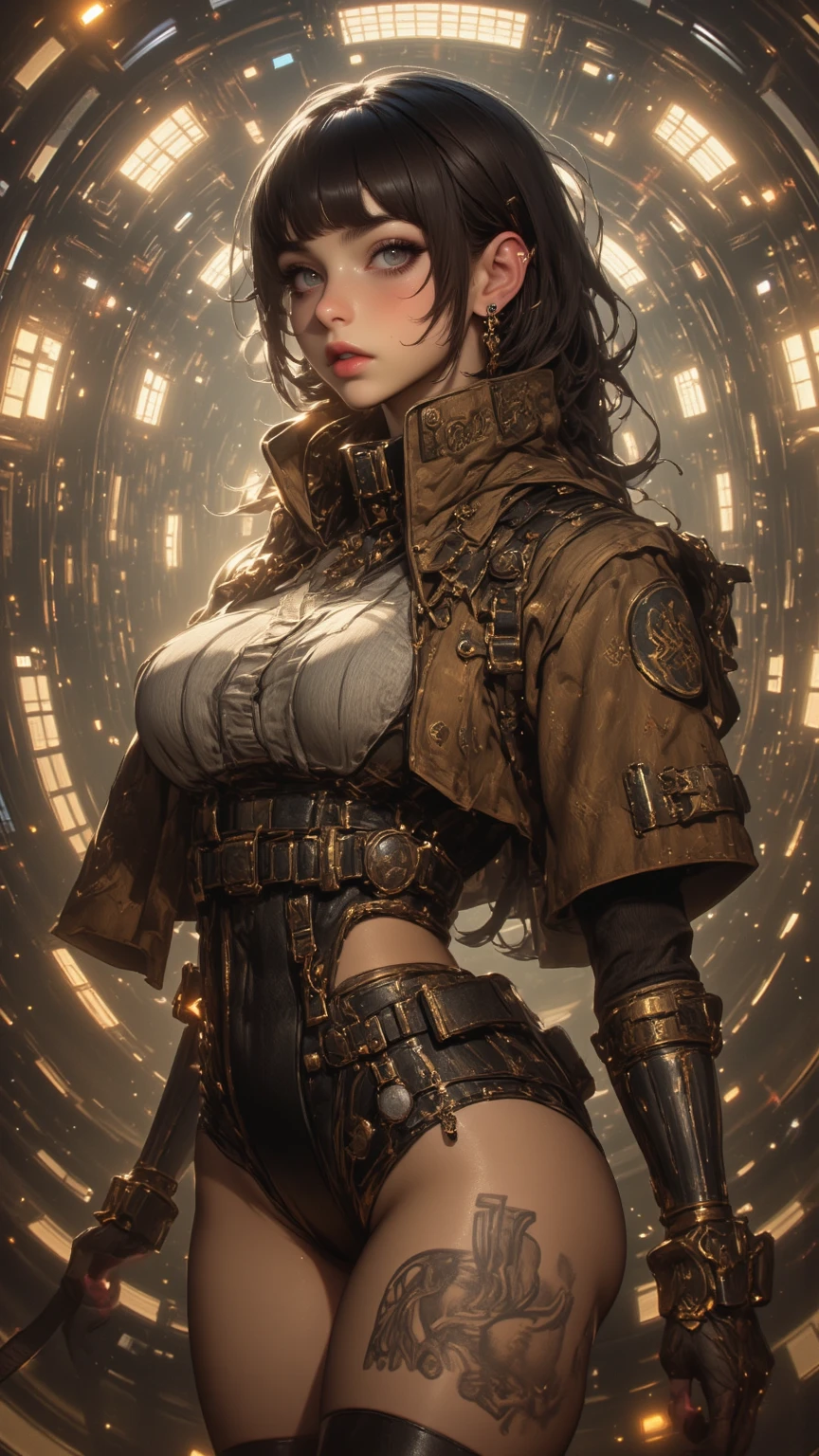 (abs, nude chest,skindentation:1.5), Realistic, Photorealistic, (masterpiece:1.5), concept art, intricate details, highly detailed, photorealistic, octane, 8k, unreal engine, dynamic pose, best quality, high resolution (realistic face: 1.1), (hyperrealistic: 1.1), ((cuerpo_completo)), perfect eyes, (shiny skin: 1.2), ((hairstyle))), (((perfect hands))), (extremely detailed background), ((dynamic background), ((steampunk)), (large giant chest very drooping, marked under clothes,  marked with cameltoe), ((ung sexy man,boy)), layered, (((flowing layer))), ((detailed eyes, high quality eyes, high quality face)), (extremely intricate robes),), short hair, lightning, electricity, swirling fire, radiant power, sparks, smoke, magic, ((dramatic)), epic, battlefield, depth of field, bokeh, 4k, gothic, embers, particles, (((steampunk clothing,))),(best quality: 1.3), (masterpiece: 1.1),  (illustration: 1.2), (ultra detailed: 1.2), beautiful detailed eyes, (gothic: 1.2), (extremely detailed background: 1.1), (inclined: 1.3),(rear:1.2),rear-facing, (rear elevation:1.2),(near the top:1.3), ,(wariza:1.2),(sitting:1.3) (1girl:1.3),(only:1.3),full body,, back trim, clothes cutout,