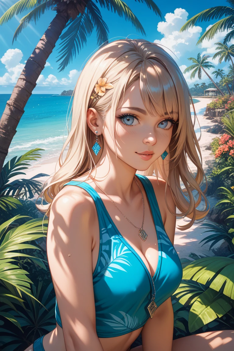 (masterpiece, Highest quality:1.2), 1 Girl, alone,Eyes open,Tropical atmosphere,Ocean,Swimwear