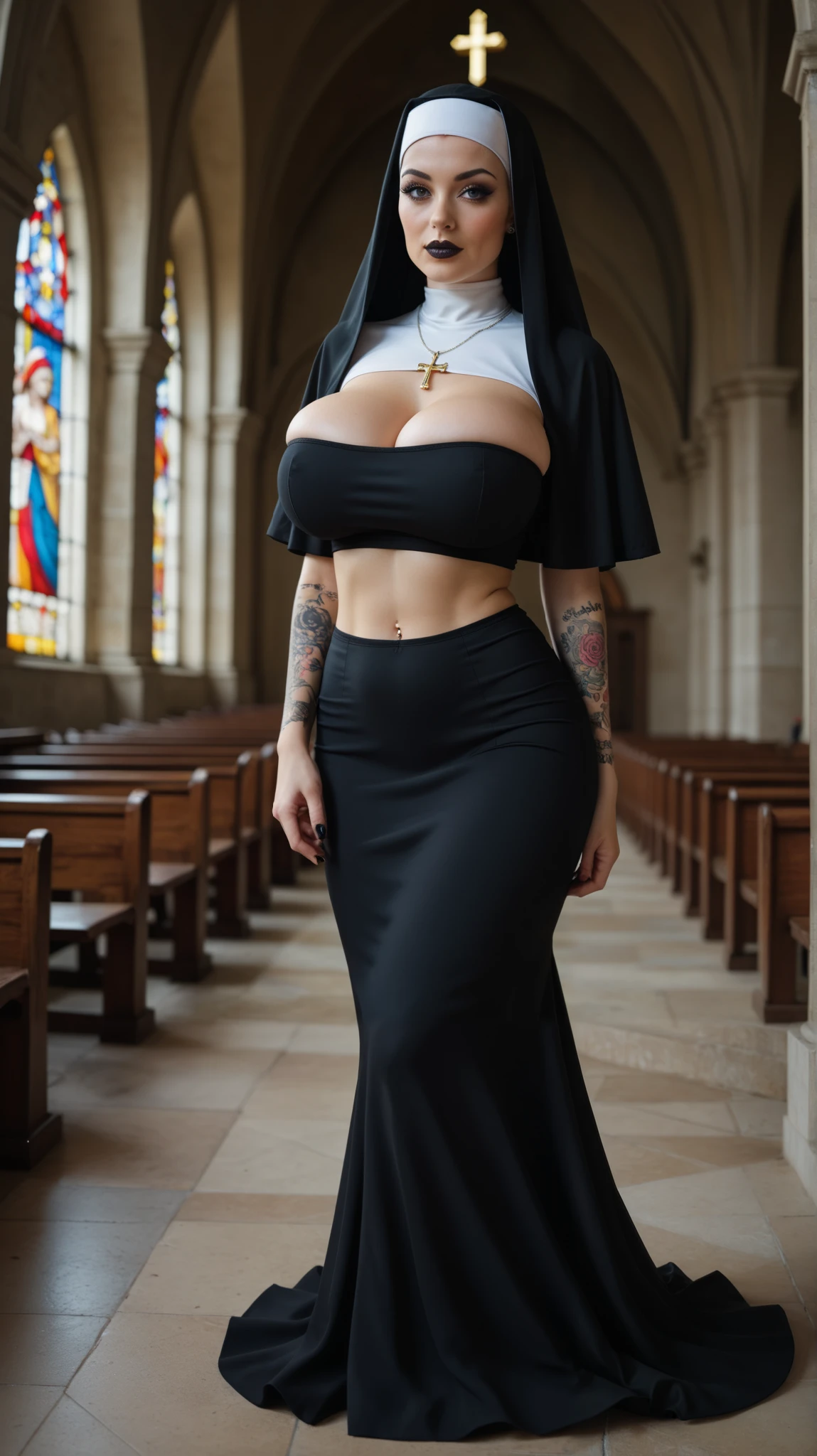 A hyper realistic, detailed mature woman 25 years old, black hair, bun and braided hair, red lips, glasses, beautiful breasts, slim waist, hourglass figuure, Nun outfit , black tights , handsome, absolutely stunning, in church, looking seductively at the camera,