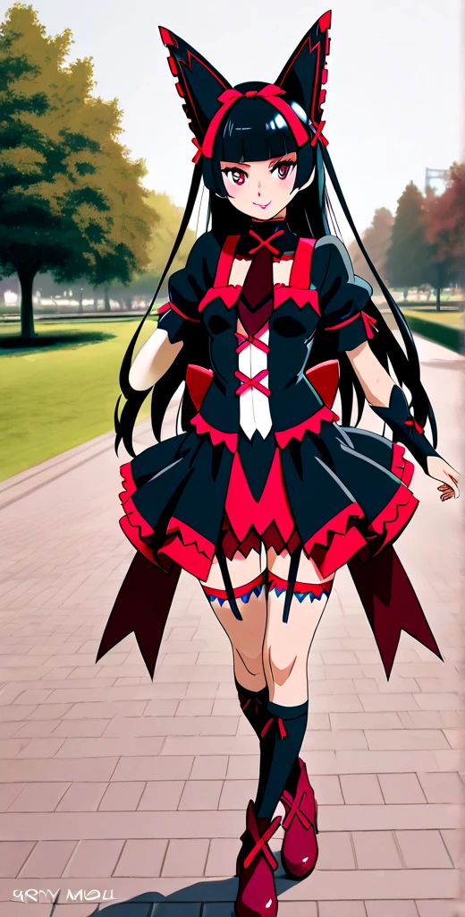 rory mercury, long hair, black hair, (red eyes:1.3), bangs, blunt bangs, hime cut, big mouth, {looks_at_the_viewer}, standing, {front_view:1.1}, dress, outdoors