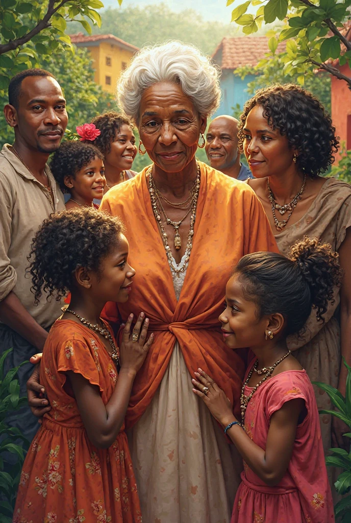 a Disney Pixar movie poster showing a white-skinned family. Standing are the older brother, that's the chubby one, cabelos curtos, Almond-shaped skin and rectangular, light-edged glasses. His wife is standing, ao lado dele, ela tem cabelo louro, na altura dos ombros, testa um pouco grande, sorriso largo e pele clara. This couple's son is a 15-year-old teenager, magro, cabelo loiro. The second brother is the tallest of them all, tem cabelo crespo bem curto, magro e nariz grande. He holds a 4-year-old girl on his lap - she's blonde, magra, cabelos levemente cacheados com uma fita vermelha grande. By his side is his wife, de cabelo castanho claro bem liso, na altura do ombro, pele bronzeada. Ela segura um menino de 2 anos de idade, sorridente e fofinho, de cabelo castanho bem claro. The mother has brown eyes and hair, shoulder-length and is slightly overweight. A menina tem 14 anos e cabelos pretos cacheados. On the side is the brother-in-law, um homem careca, de barba preta e sorridente, meio gordinho, but not too much, usando camiseta preta. By her side is the youngest sister in the family, de cabelo preto, liso, na altura do ombro, medium stature, very white skin and wearing dark-rimmed glasses. Ela segua uma menina de 2 anos de idade, de cabelo preto e cacheado, pele bem branca. Sentadas na frente, em cadeiras, Are the mother of the family, uma mulher de 60 anos, com cabelo castanho-ruivo e olhos azuis, usando um vestido florido. On his lap is a 7-year-old girl, de cabelo preto cacheado e uma fica no cabelo. Ao lado, Also sitting in the chair, This is the grandmother, de 100 anos, bem branca, de cabelo curto e brancos. The background is a grandma's house room, With Christmas decoration. The title of the poster is "The Big Family" 3D-rendering