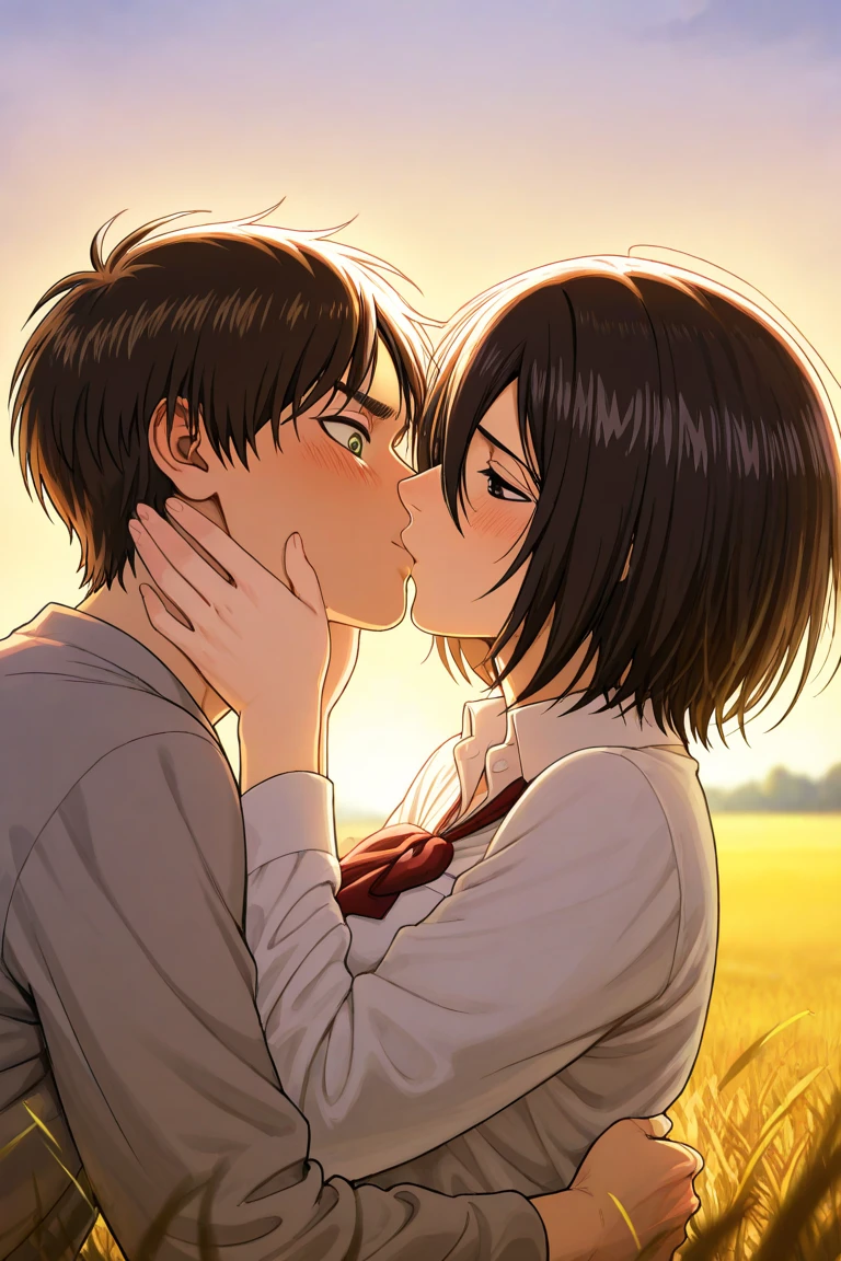 shinkai makoto, kimi no na wa., (2boy), Boys, bangs, black hair, blush, (boy wear hoodie), bow, ribbon, short hair, cute, (Boy love, couple, gay), adorable, bare shoulders, dating, (((kiss, deep kiss, tongue, saliva))), closed eyes, passionate hug, flower field, Sit on grass, sky, cloudy, afternoon, sunlight