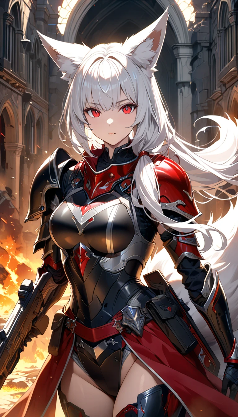 top-quality、Top image quality、masterpiece、girl with((red and black mechanical body armor、silver mechanical arm with machine gun、silver leg arms、Shining red body line、sixteen years old、 ager、cute little、Best Bust、big bast,Beautiful shining red eyes、Breasts wide open, Blue-haired、Red mechanical wing,Longhaire、A slender,Large valleys、belligerent movements,Heavy equipment、heavily armored)),hiquality、Beautiful Art、Background with((Midnight City、Pillar of fire、fluttering white feathers)))、,masutepiece、depth of fields,Cinematic style