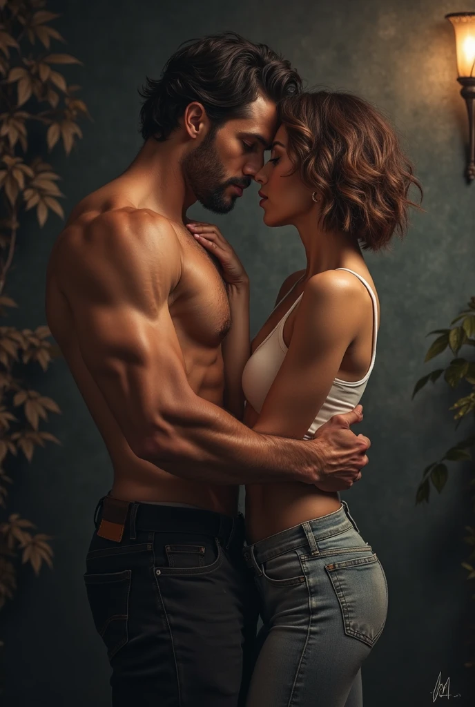 A 209 cm extremely tall male Mediterranean-Native American model wih black wavy short hair and a black scruffy beard towers behind a stunning woman whose height only comes up to his collar bone, with maroon locks cascading down her back in a side part. His chiseled physique is on full display, shirtless and clad in black pants, while she wears a lacy black and emerald bra and panties that accentuate her fit figure. A moody, dimly lit black underground bedroom serves as the backdrop for a striking tableau. The low lighting casts dramatic shadows, heightening the intimacy of this forbidden moment.