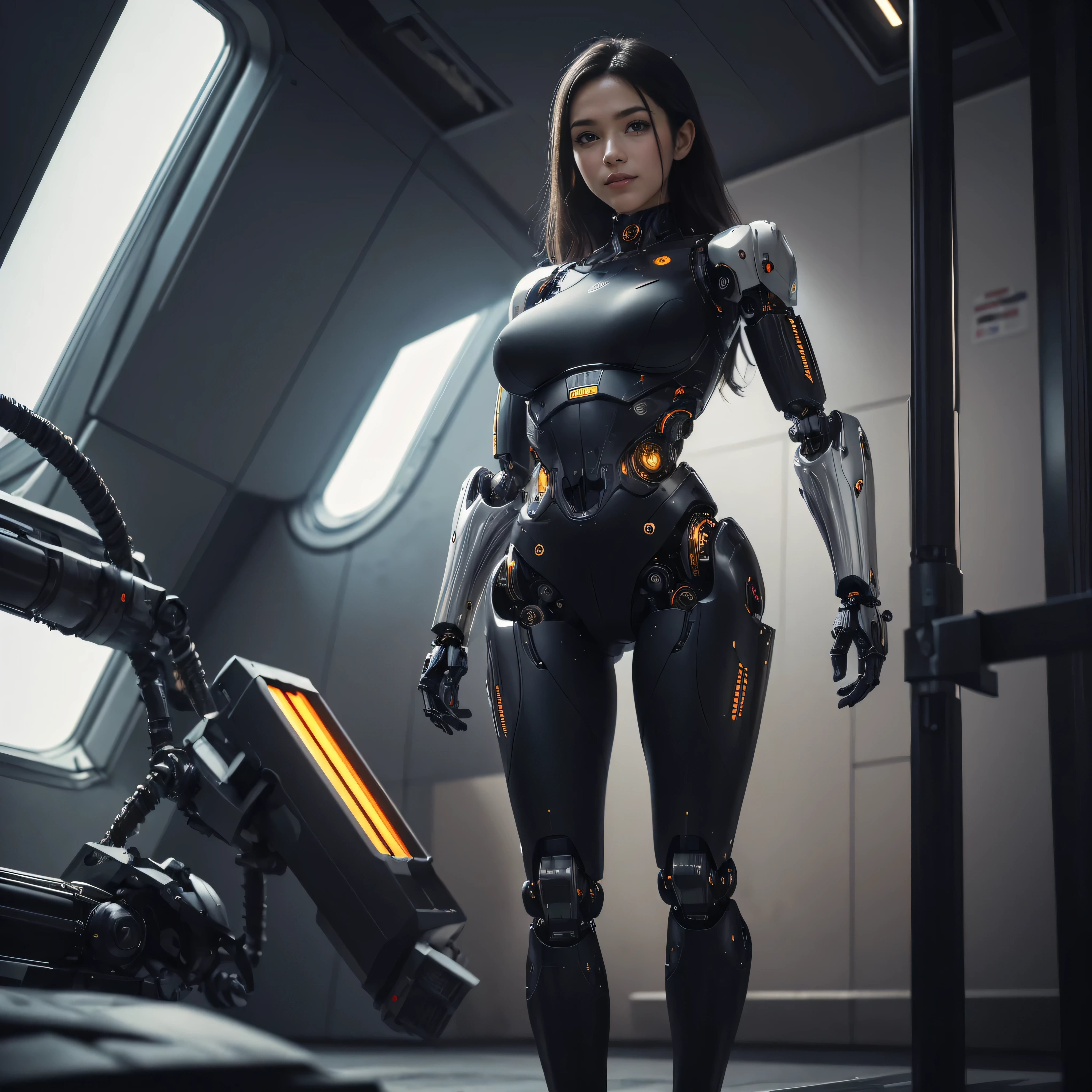 intelligent bionic robot, 2 women’s heads, woman, cyborg robot parts, microchip, Bright studio, hyperrealism, high detail on the face, delicate details, soft writing, rimlight, Rendered by Octane, Unreal Engine 5 rendering, Mechanical Public Enemy Style, 16k, best image quality, TESTIFIES, white balance on the lunar surface, High key lighting, for a soft and graceful atmosphere, Ultra A High Resolution, Big Breasts Machine, cyberpunk, ((((flying)))), In production, Battle Angel Alita, ((((big smile)))), ((((wide thigh opening with both thin long legs)))), ((((Head of a age kawaii Japanese idol)))), ((((pixie cut)))), ((((A cyborg with a humanoid precise mechanical robotic pure ultimate matte black metal most one and only muscular skinny tight body from the neck down)))), (huge metal breast), ((((extremely thinnest mechanical waist)))), ((((precise mechanical robotic arms and hands and super long neck)))), ((((pure gold hair)))), ((((vigorous)))), ((((boyishly)))), ((((full body)))), ((((Ultra hires)))), ((((master piece)))), ((((best quality)))), ((((detailed)))), ((((photo realistic)))), ((((There are several holes drilled with a gun in the fuselage))))