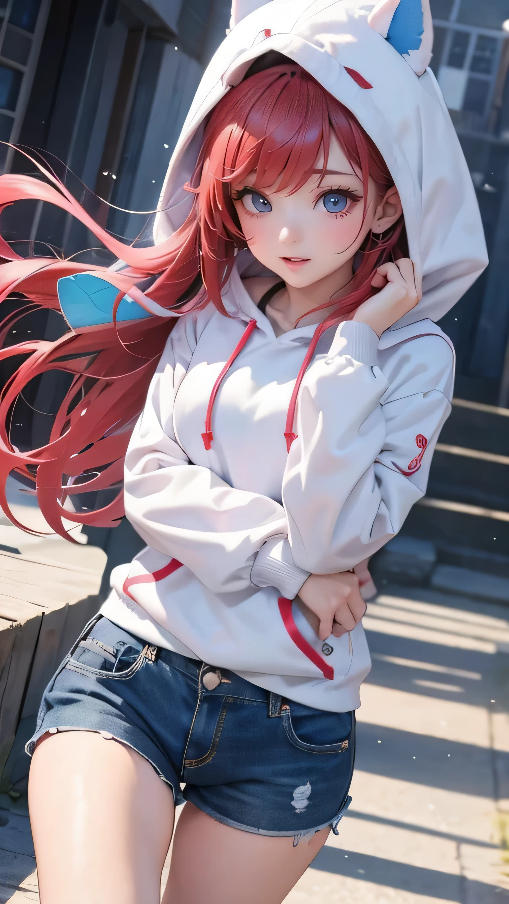 The girl wearing a hood 、 Seeking warmth on cold days 。 She wears a hoodie on her head .、 I try to wrap my body 。 That hoodie is bright colored .、 It protects the body while allowing comfortable movement。Hair dancing in the wind、 sparkling blue eyes ,It provides friendliness and comfort 。I protect myself from the cold.、 enjoys natural beauty 。Her presence、 I feel warm even on cold days 、 provides friendliness and comfort 。
