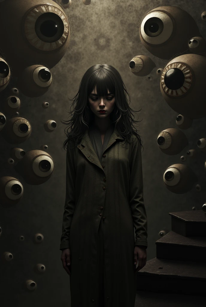 1girl, 22 years old, wearing white open silk fully unbuttoned see through shirt, jueri-anarupuragu, upskirt, thighhighs, monsters at backgroud, junji ito artwork, in style of junji ito, art style of junji ito, junji ito style, horror manga, yoshitaka amano and junji ito, junji ito and greg rutkowski, junji ito undertones, inspired by Junji Ito
