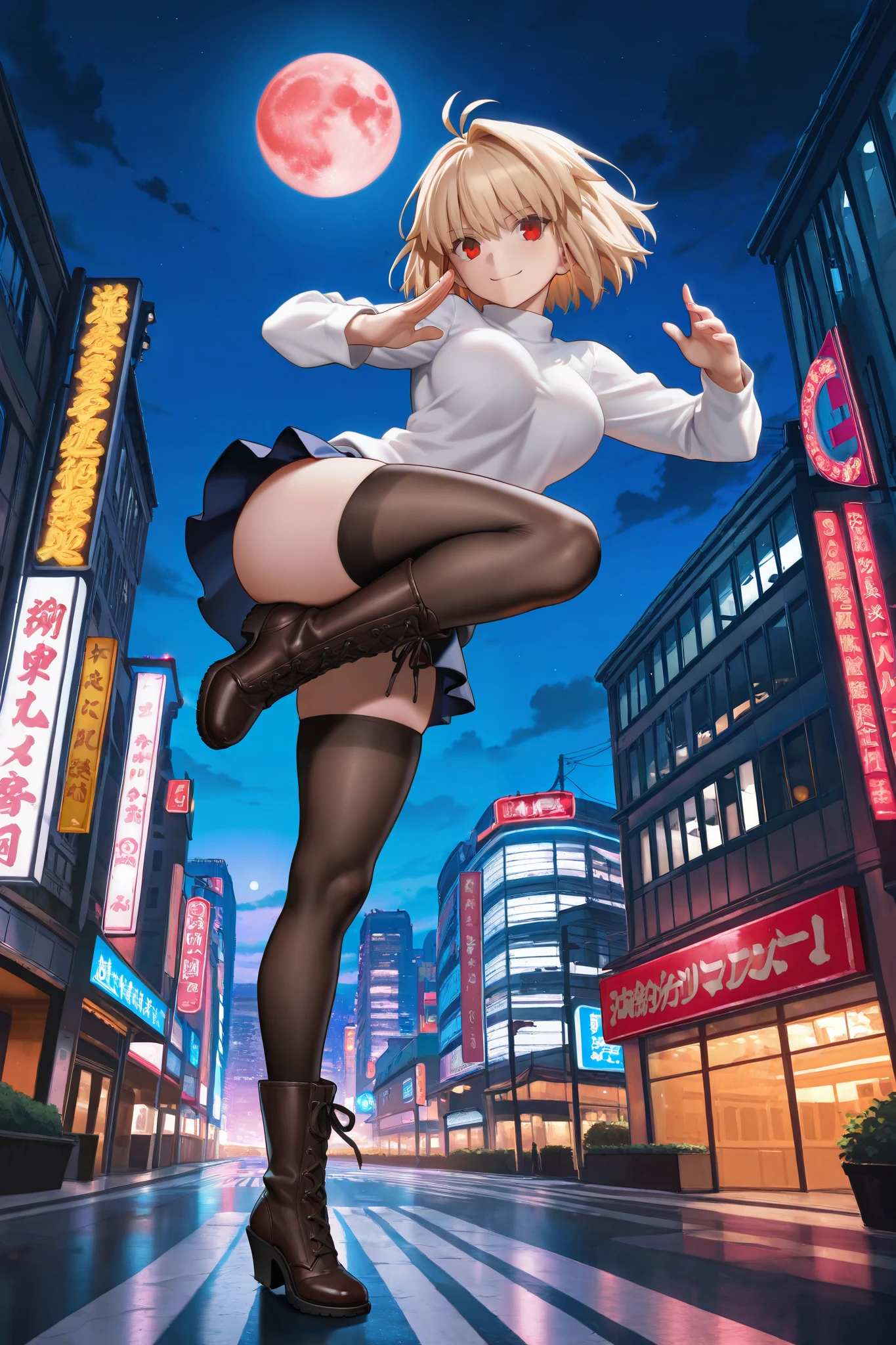 masterpiece, highest quality, high resolution, 1 girl, gray hair, short hair, blue eyes, medium breasts, OL, tie, black suit, leotard, bare legs, outdoor,Idol Master，，anastasia，Knee-high boots，pants suit,fighting pose,) (masterpiece:1.3),(very detailed:1.3),(High resolution:1.1),highest quality,Super detailed,1 girl,alone,cm,hoodie,looking at the viewer,smile,blush,(she spins at an incredible speed,creating a whirlwind of air around her).