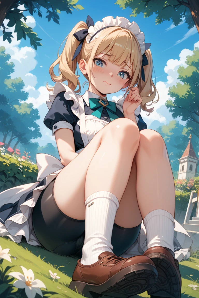 masterpiece, highest quality, High resolution, One 5 year old girl、blue eyes、
blonde, Braiding、White shirt, Check skirt, White panties、garden、flower bed、Lying on the grass
