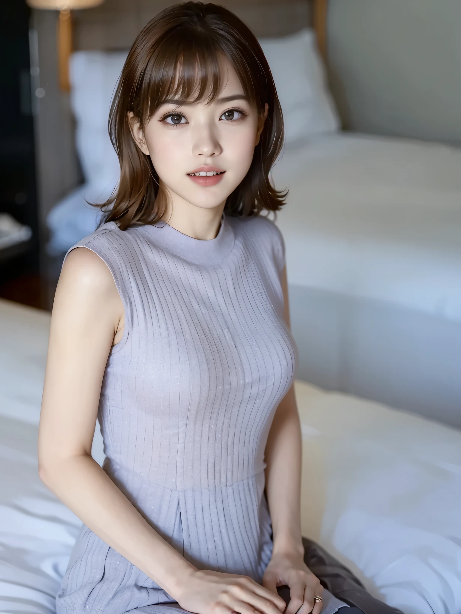 (Highest quality,masterpiece:1.3,Ultra-high resolution),(Very detailed,Caustics,8K), (Realistic:1.4, RAW shooting),Inside the Hotel,Japanese,20-year-old,smile,Black Short Hair,Salmon pink knit dress,Normal breast size,(Up to the waist),Natural light,(Low position),(Low Angle)Narrow waist、