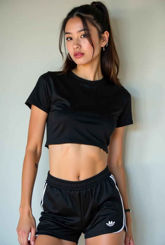 Hot girl in a sexy black shirt and shorts