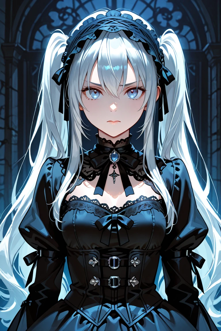 (masterpiece,best quality,Super detailed),1 Girl,Beautiful and detailed face, Delicate eyes,Looking at the audience, Colorful eyes,((Gray Theme),((Frustration, sadness, Melancholy)),gray skin,Tired expression,sad,Swelling of the eyelids,((very close)),cry,Gothic Makeup, There are hairs above the eyes,Eyes covered by hair,A vampire-style castle in the background