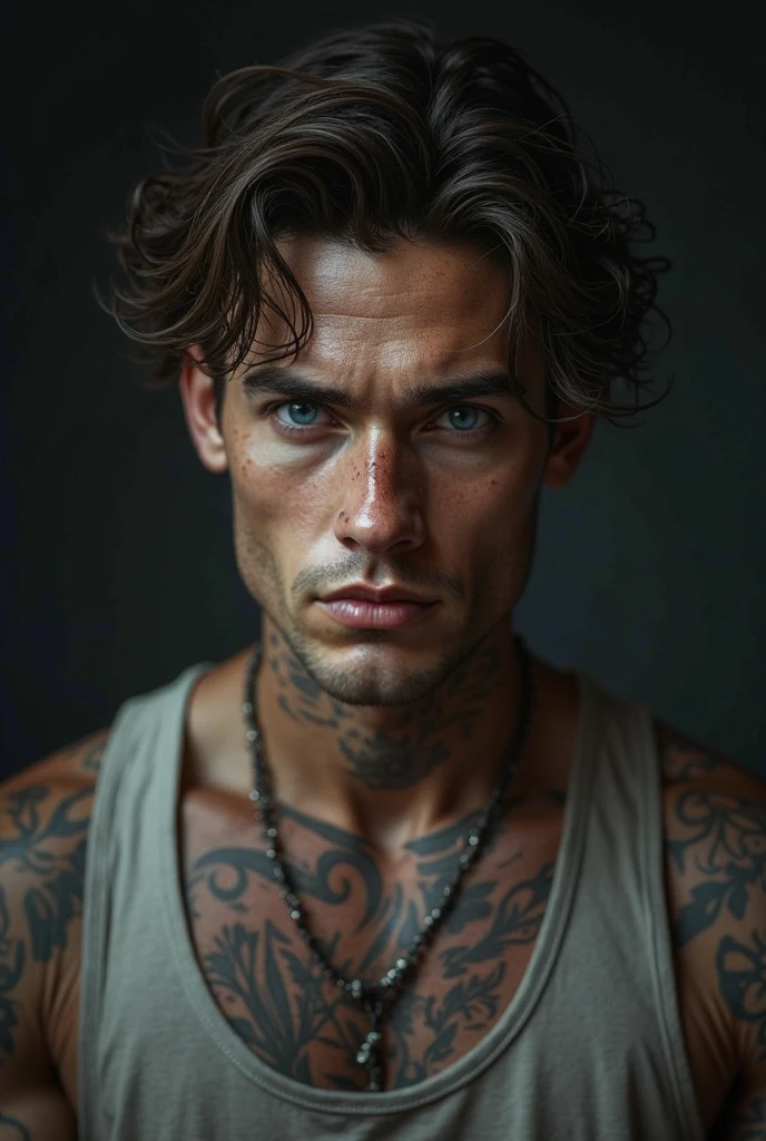 White male brown hair green eyes tattooed 
