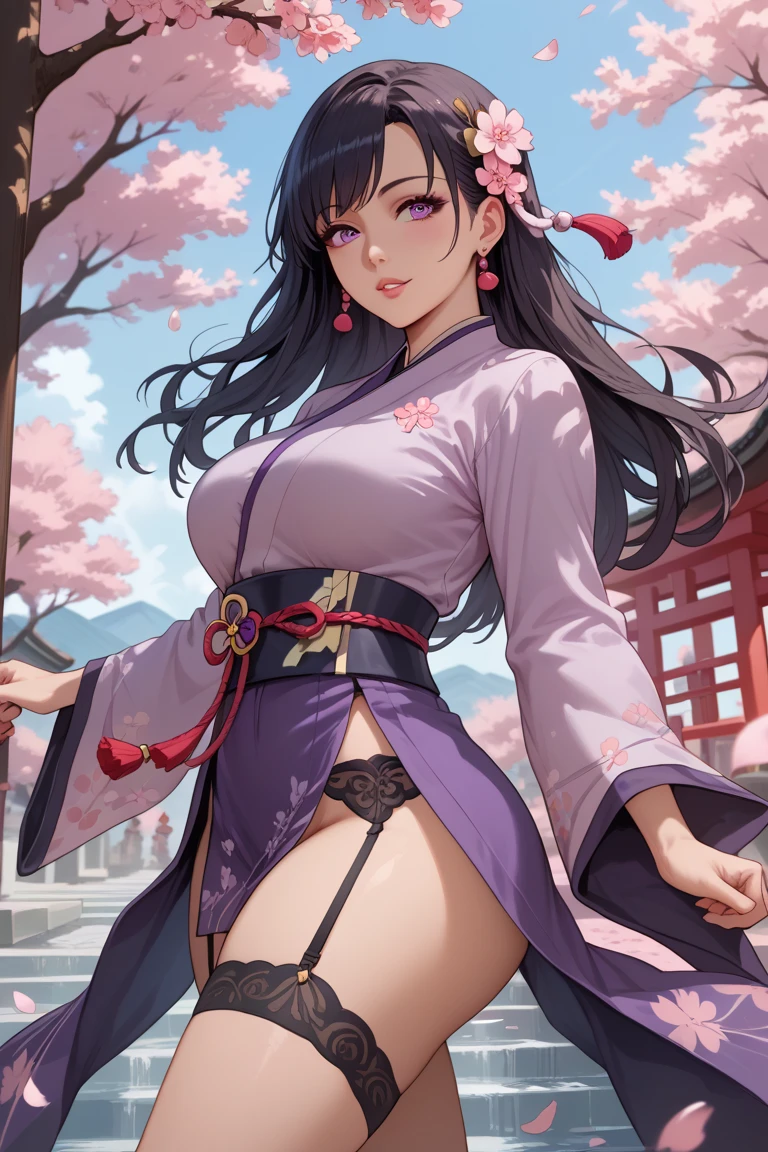 (masterpiece、top-quality、top-quality、Official art、Beautifully Aesthetic:1.2)、(One girl:1.3)、ighly detailed、The most detailed、(Dynamic Poses)、(abstract background:1.3)、(Kimono)、(shinny skin)、A path lined with flourishing cherry blossom trees、Cherry blossom blizzard whole body、行走、Looking back