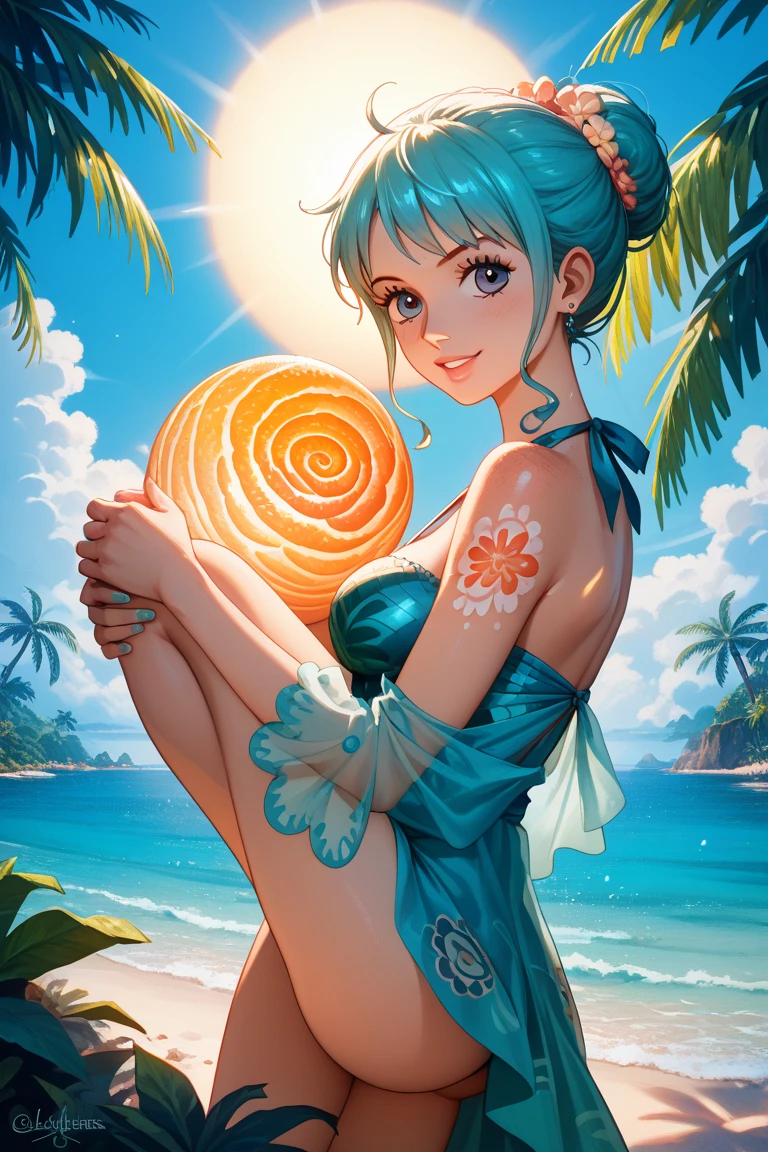 (detailed CG, high quality, ultra-detailed, 8k),portrait, 1girl, watermelon ice pop, fruit salad, (summer vibes/sunny atmosphere), bright color grading, tropical background, detailed, soft lines, palm trees, ocean, sand, refreshing, a moment of bliss.beach, sand, starfish, seashells, pool, foreground items,
