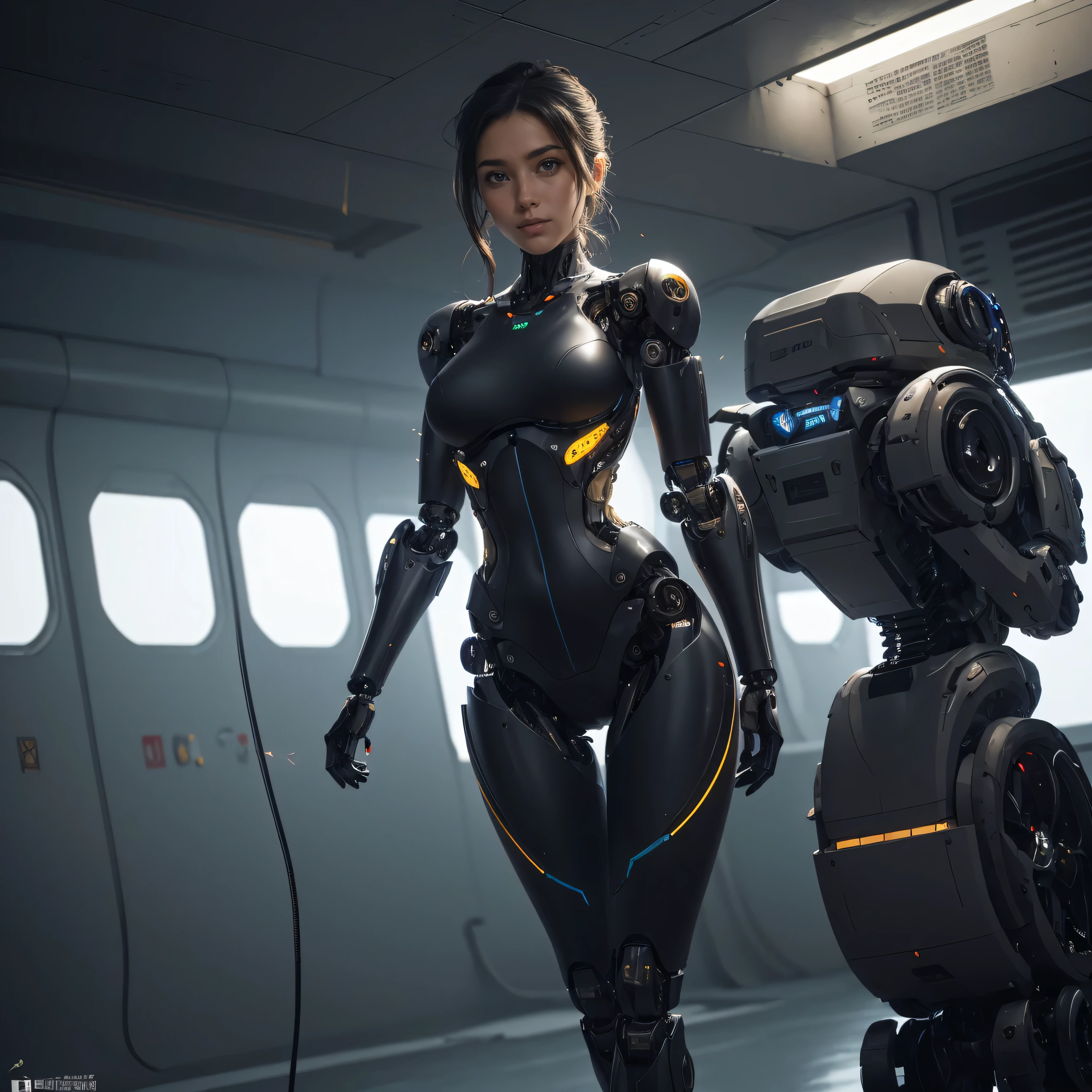 intelligent bionic robot, 2 women’s heads, woman, cyborg robot parts, microchip, Bright studio, hyperrealism, high detail on the face, delicate details, soft writing, rimlight, Rendered by Octane, Unreal Engine 5 rendering, Mechanical Public Enemy Style, 16k, best image quality, TESTIFIES, white balance on the lunar surface, High key lighting, for a soft and graceful atmosphere, Ultra A High Resolution, Big Breasts Machine, cyberpunk, ((((flying)))), In production, Battle Angel Alita, ((((big smile)))), ((((wide thigh opening with both thin long legs)))), ((((Head of a age kawaii Japanese idol)))), ((((pixie cut)))), ((((A cyborg with a humanoid precise mechanical robotic pure ultimate matte black metal most one and only muscular skinny tight body from the neck down)))), (huge metal breast), ((((extremely thinnest mechanical waist)))), ((((precise mechanical robotic arms and hands and super long neck)))), ((((pure gold hair)))), ((((vigorous)))), ((((boyishly)))), ((((full body)))), ((((Ultra hires)))), ((((master piece)))), ((((best quality)))), ((((detailed)))), ((((photo realistic)))), ((((There are several holes in the fuselage that were drilled by gun fire))))