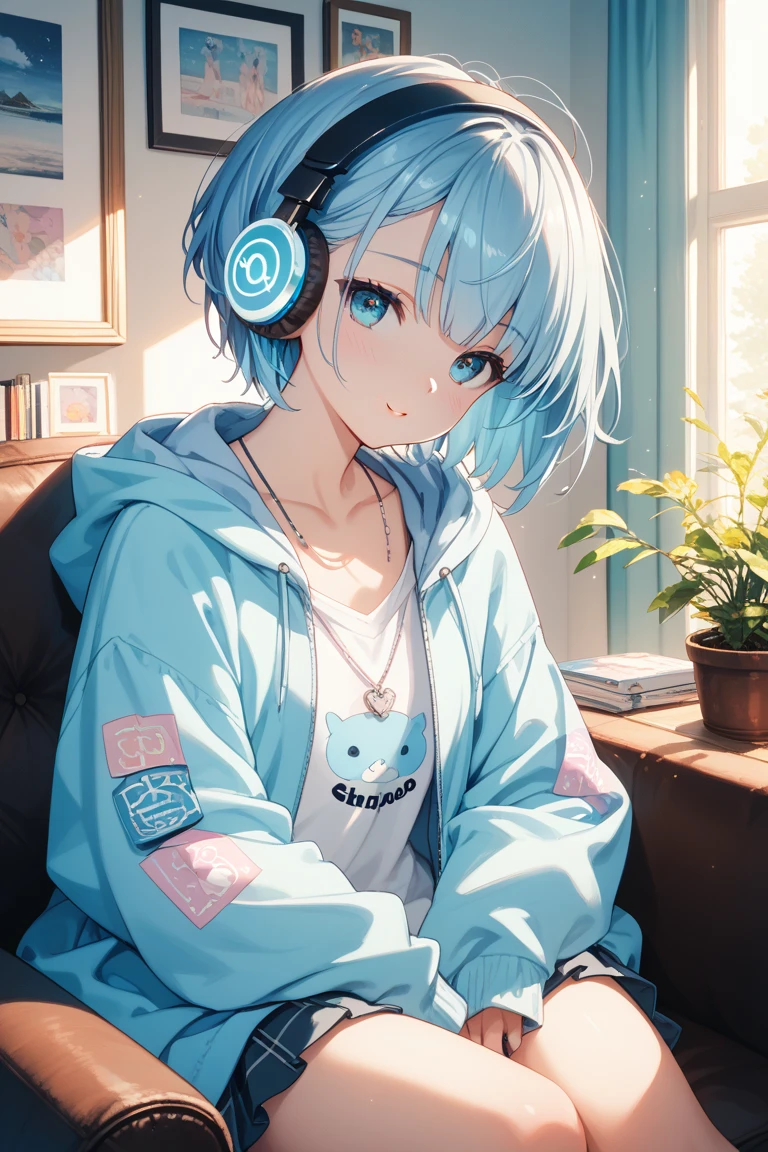 The anime-style illustration is a girl with short hair and a small height。Kamiiro is wearing light blue and white headphones。With a larger hoodie、 Can't See Hands