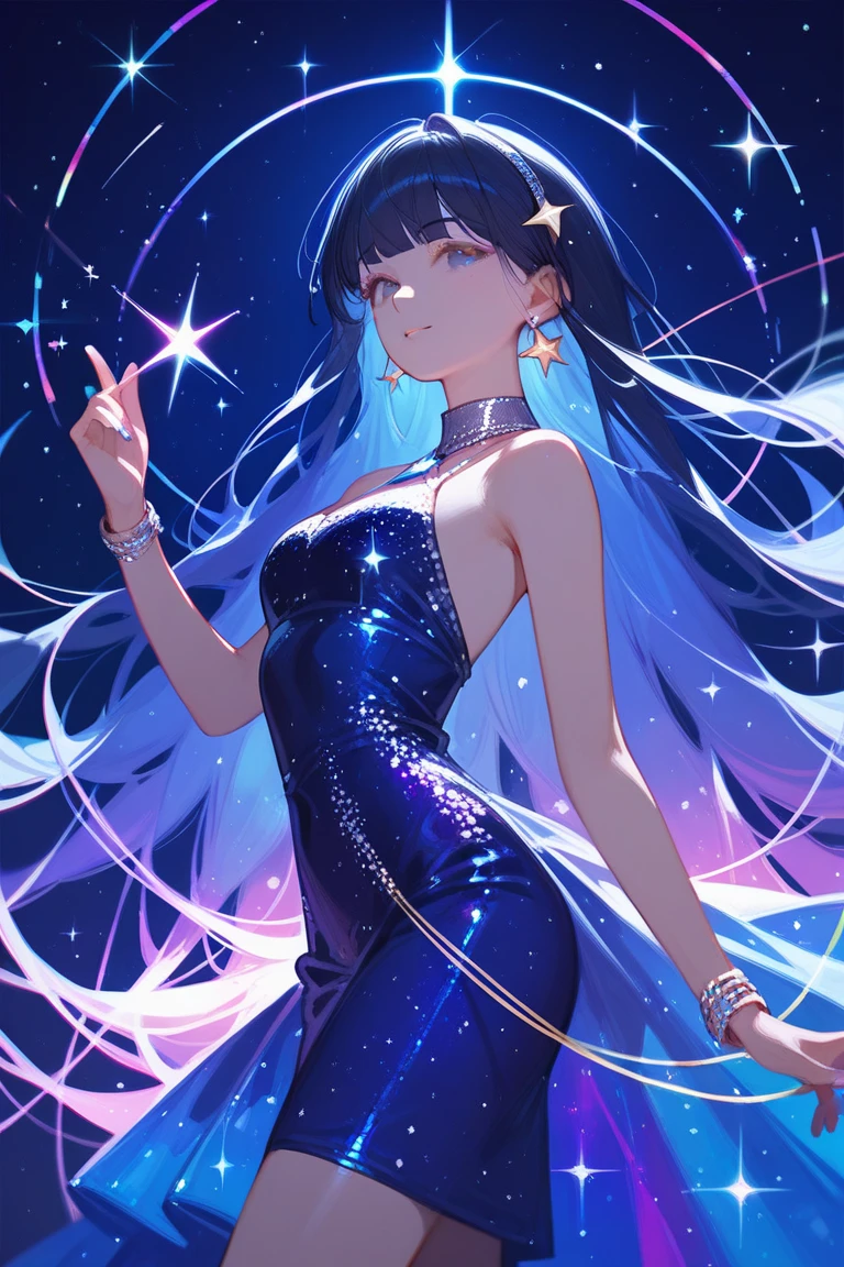 a glamour picture shot, of an elite model covered in stars, walking on a (dark catwalk: 1.2), an extraordinary glamourous elite female model, ((full body: 1.5)),  ((anatomically correct: 1.5), (ultra detailed face: 1.2), best detailed face, yrllow hair, long hair, lush hair, glam hair cut, blue eyes, delicate face, light make up, wearing intricate detailed dress, glamour dress, haute couture dress, elite fashion dress, black as night dress, decorated with bright stars, starlight,  small cleavage, wearing high heels, elegant high heels, she wears diamond necklace, she is glows in a soft starry light, she walks on (asteroid catwalk: 1.2), elite fashion show background, vibrant, Hyperrealism style, vibrant, Ultra-high resolution, High Contrast, (masterpiece:1.5), highest quality, Best aesthetics), best details, best quality, highres, ultra wide angle, 16k, [ultra detailed], masterpiece, best quality, (extremely detailed) RAW, chumbasket art style, magical sky, star