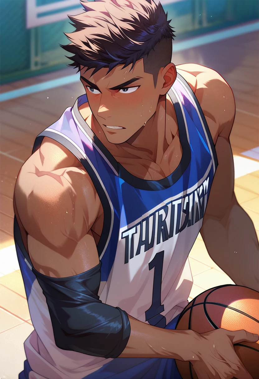 shirt number 10, white sports shorts, throwing the ball into the basket, making a dunk, on a street basketball court