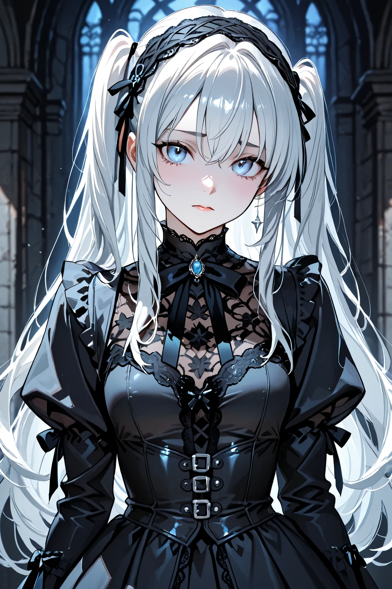 SF、 Silver Hair、pale blue eyes、 straitjacket、gothic lolita、cute、 girl、 high school 、Big Breasts、 sexy、anime style、high image quality、high quality