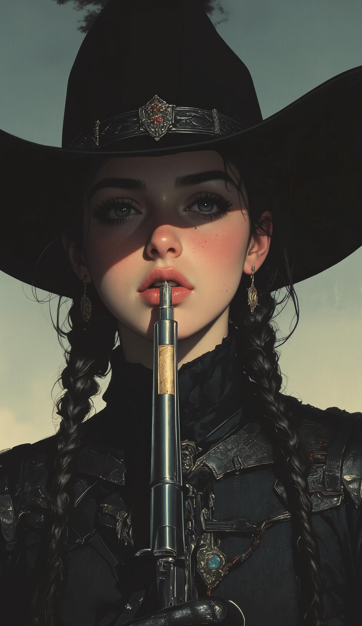 taken from below、high school girl, intense expression that radiates deep wisdom and mystery, Misty, dreamy background 、 cowboy style、Wear a deep cowboy bat、 Gold、braids、Kiss Magnum's muzzle、