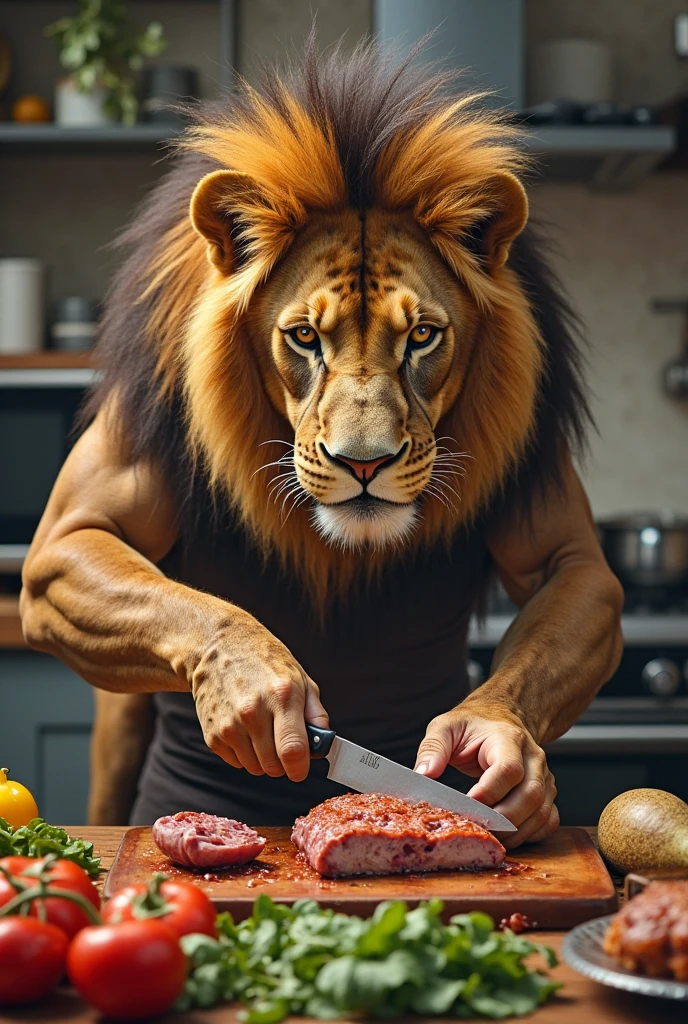 Lion chef cutting his own long tail into pieces, ahocked expression, realistic, long sliced tail, long severed tail on the counter