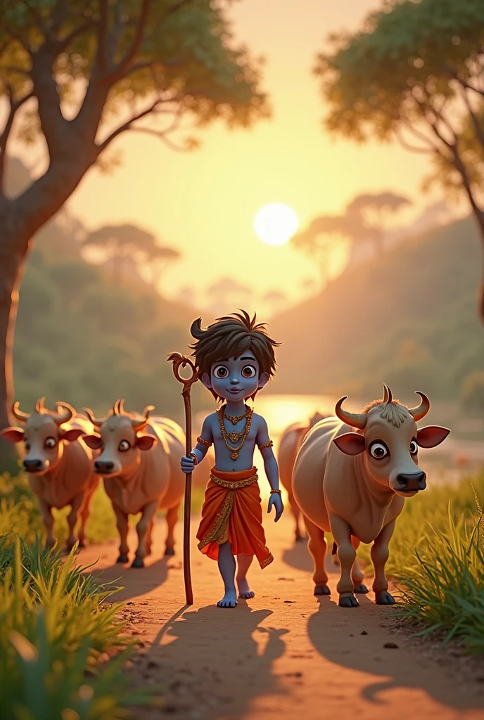 Lord srikrishna child hood animated picture having camera in his hand and having two cows behind him