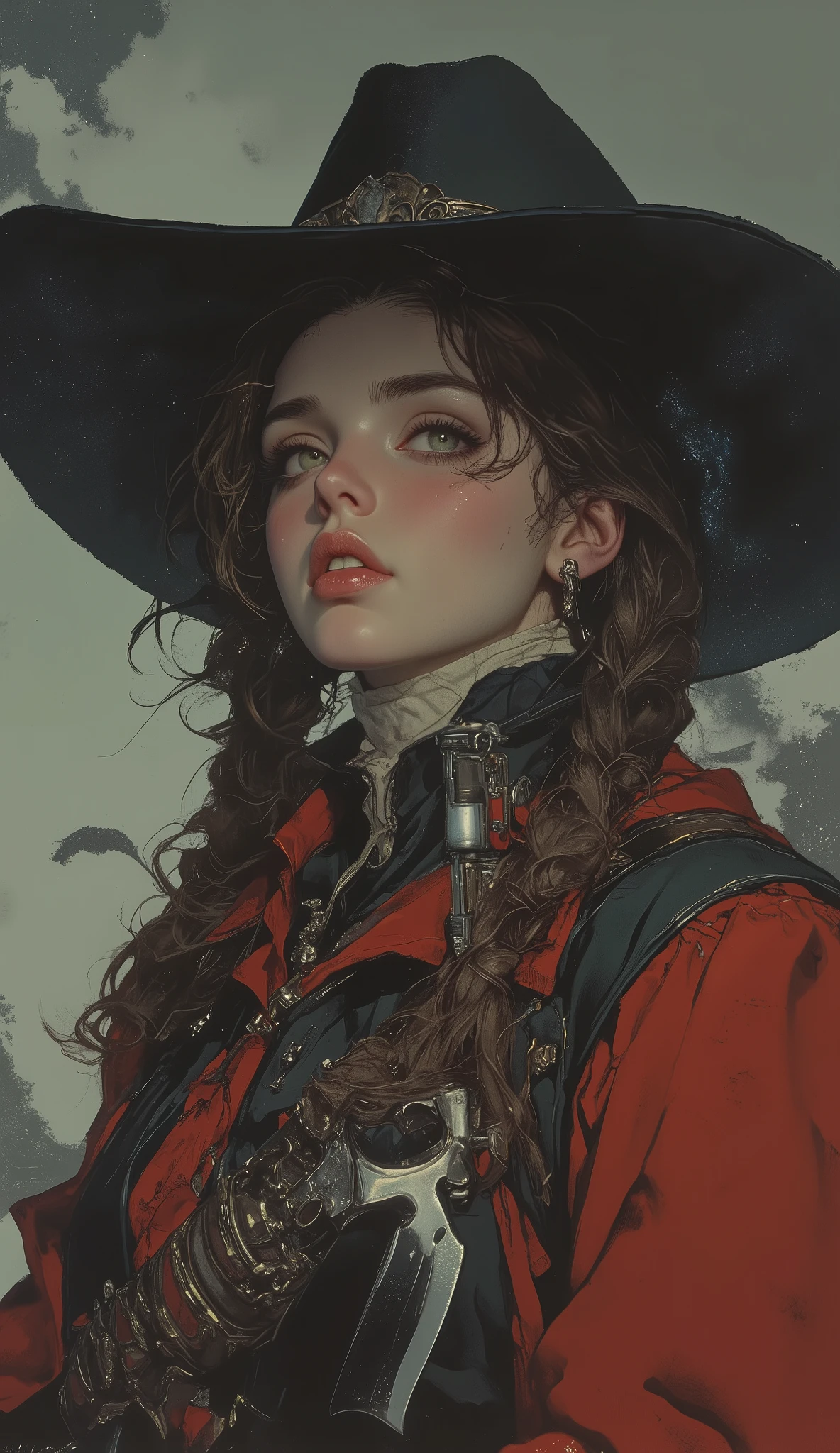 taken from below、high school girl, intense expression that radiates deep wisdom and mystery, Misty, dreamy background 、 cowboy style、Wear a deep cowboy bat、 Gold、braids、Kiss the combat knife、