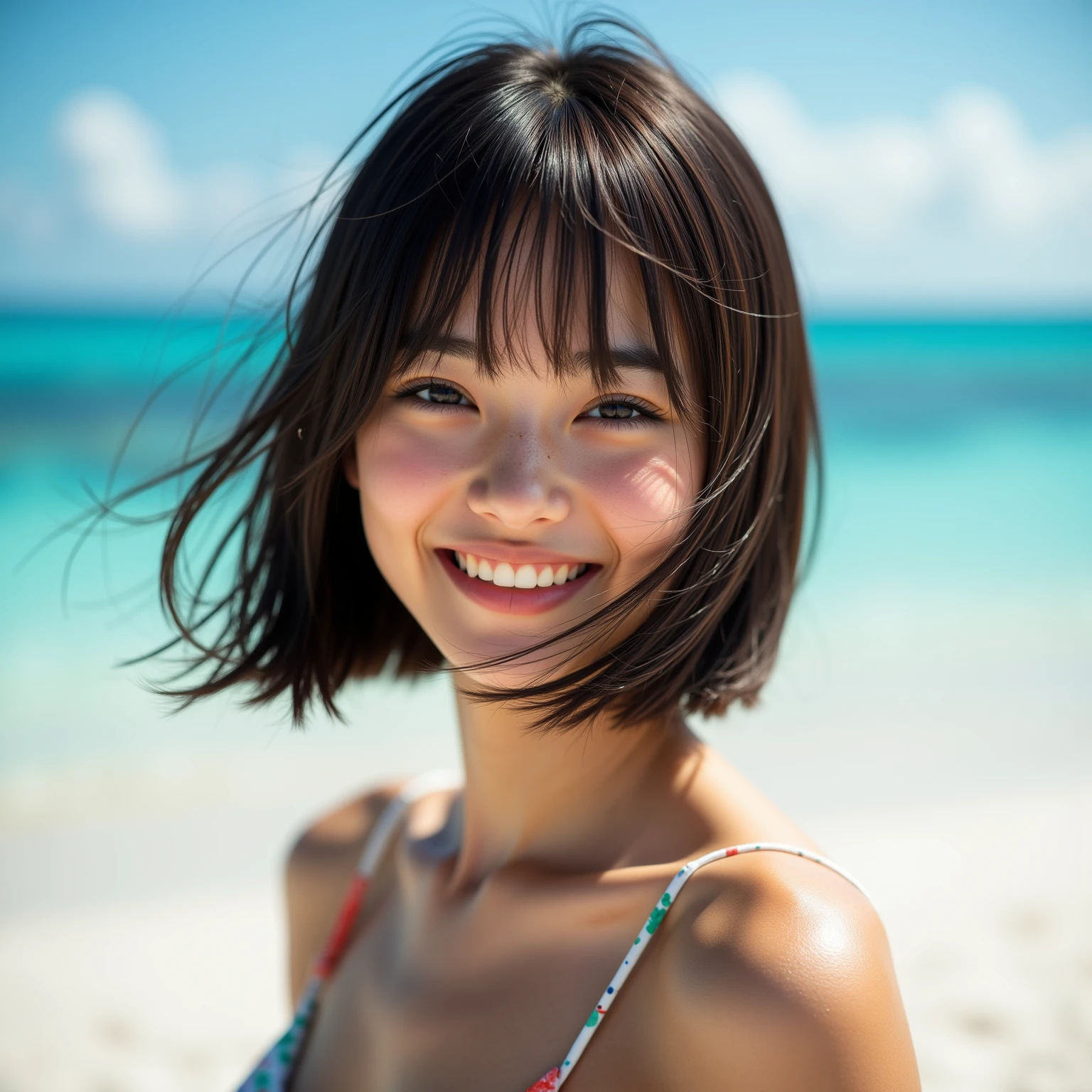 ((Tabletop,highest quality)), (Like the picture:1.4),(((Tabletop,8k)),White sand beach,(Beach),((Full body photo))),Photographed in natural light,Highly detailed face and skin texture,Highly detailed lips,The correct state of the human body,Ultra-high resolution,(Realistic:1.4),highest quality, 1. Beautiful woman, Age 35, S, 60mm lens,(Pixie Cut),Japanese women,(Black Hair),Open leg pose,Looking into the camera,Natural lip color,Professional Lighting,Mole,Small breasts,(((smile,Tanuki face)))