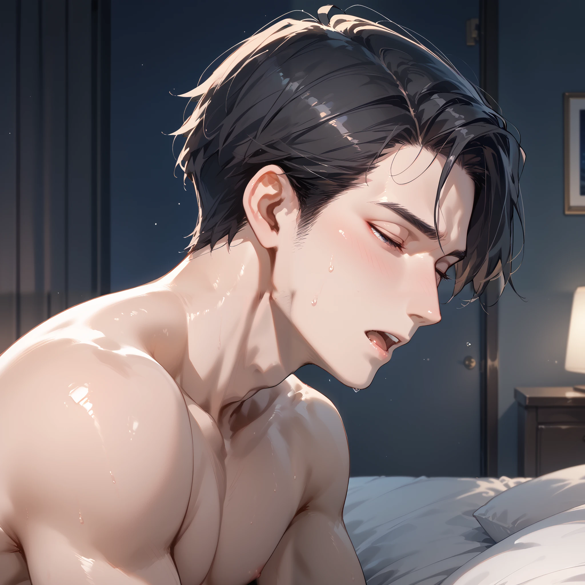 naked、Man with erection、 black hair、apartment bedroom、night、 dark room、Front 、 painful、pleasure、patience、pleasure、Lean back、side view