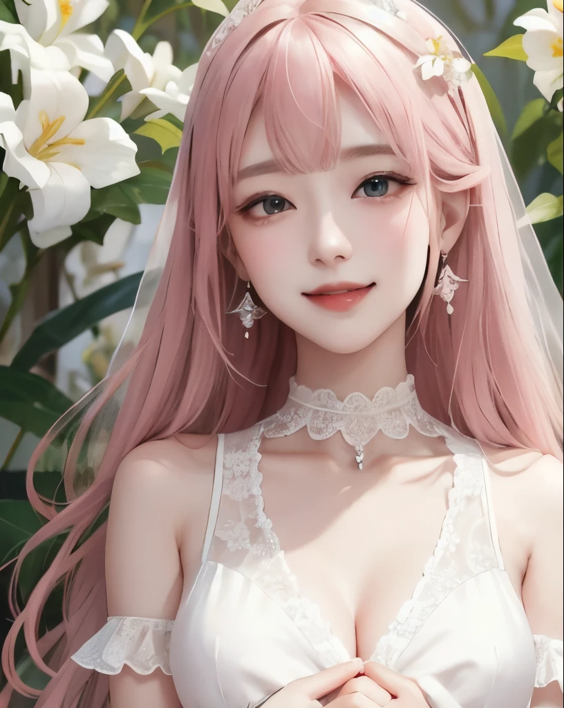 best quality、masterpiece、
Vivid 、beautiful girl、1 person、 wide double eyelids 、upper body、big eyes、sepia eyes 、long hair、 pink hair、((I put on a white lace dress and opened my chest、Organza))、princess、princess、 clear 、choker、earrings、Flower Field、 moon、 Orbital Space 、 bright、 Vivid 、corolla、 natural smile