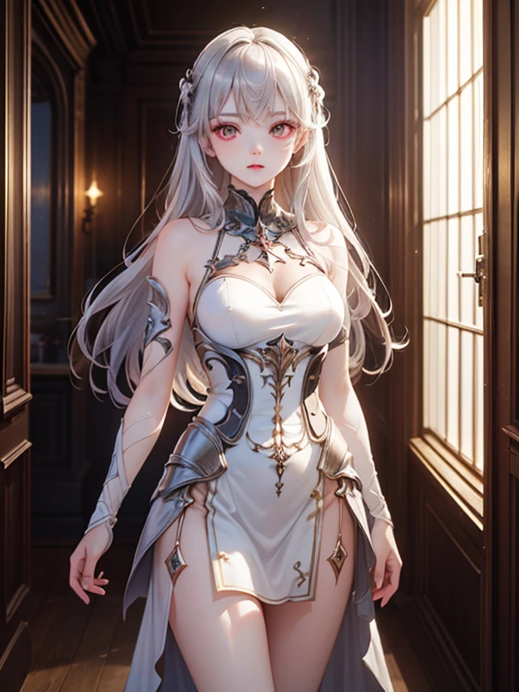 (((masterpiece))), (((best quality))), ((ultra-detailed)), (highly detailed CG illustration), ((an extremely delicate and beautiful)),cinematic light,((1mechanical girl)),solo,(cowboy shot:1.2),(machine made joints:1.2),((machanical limbs)),(blood vessels connected to tubes),(mechanical vertebra attaching to back),((mechanical cervial attaching to neck)),expressionless,(wires and cables attaching to neck:1.2),(wires and cables on head:1.2),(character focus),science fiction,extreme detailed,colorful,highest detailed, loongs,fengs,background,
