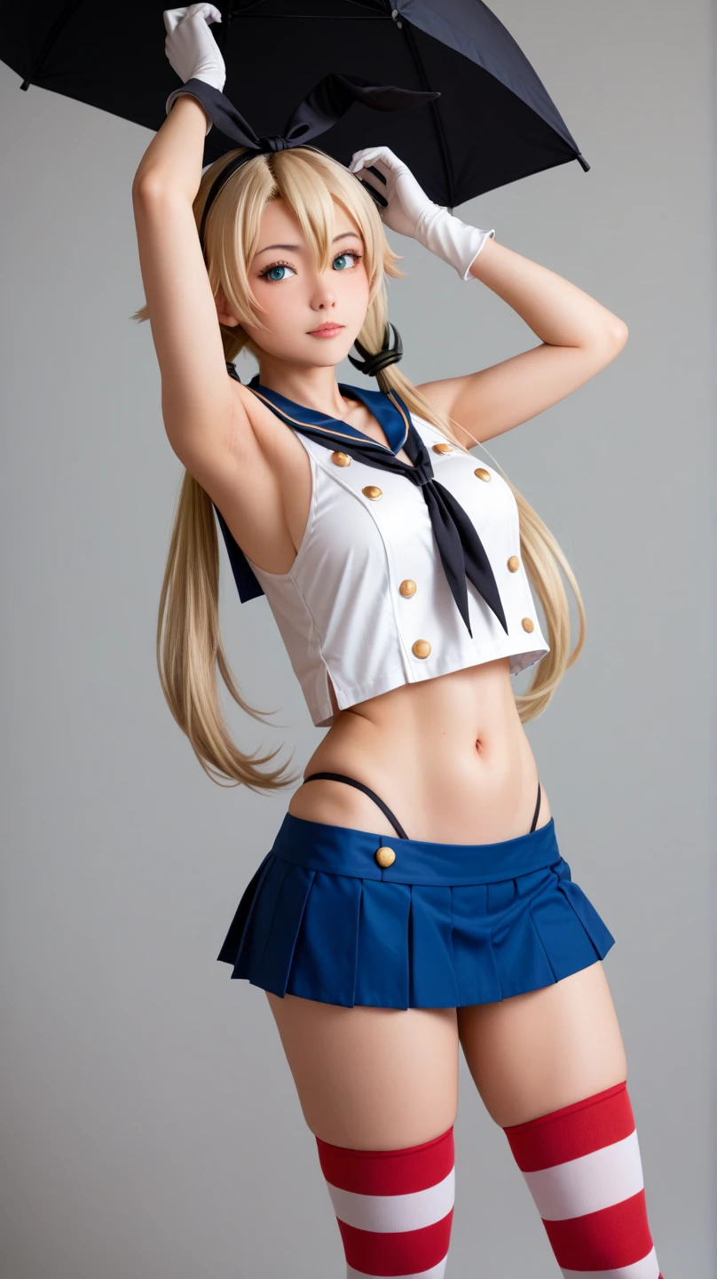 graphic anime styled female cartoon character holding a black umbrella overhead in cartoon art, 1girl, shimakaze (kancolle), solo, shimakaze (kancolle) (cosplay), thighhighs, elbow gloves, microskirt, skirt, black panties, underwear, blonde hair, twintails, panties, crop top, striped, gloves, striped thighhighs, highleg, highleg panties, white gloves, black neckerchief, sailor collar, navel, anchor hair ornament, breasts, cosplay, blue skirt, low twintails, prinz eugen (kancolle), neckerchief, black hairband, aqua eyes, blue sailor collar, pleated skirt, armpits, long hair, hairband, grey background