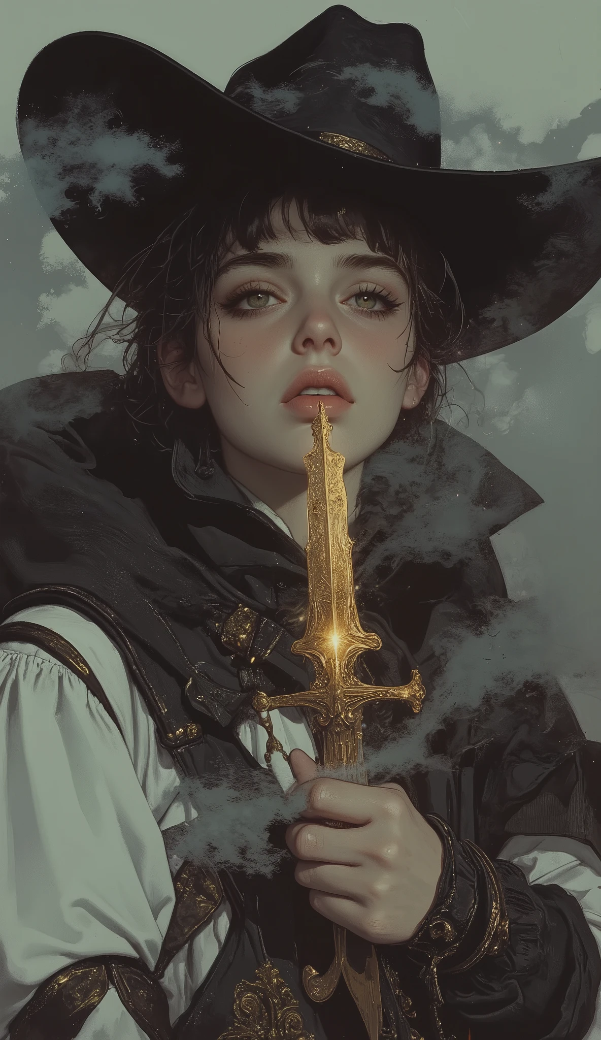 high school girl, intense expression that radiates deep wisdom and mystery, Misty, dreamy background 、 cowboy style、Wear a deep cowboy bat、 Gold、braids、Kiss the combat knife、