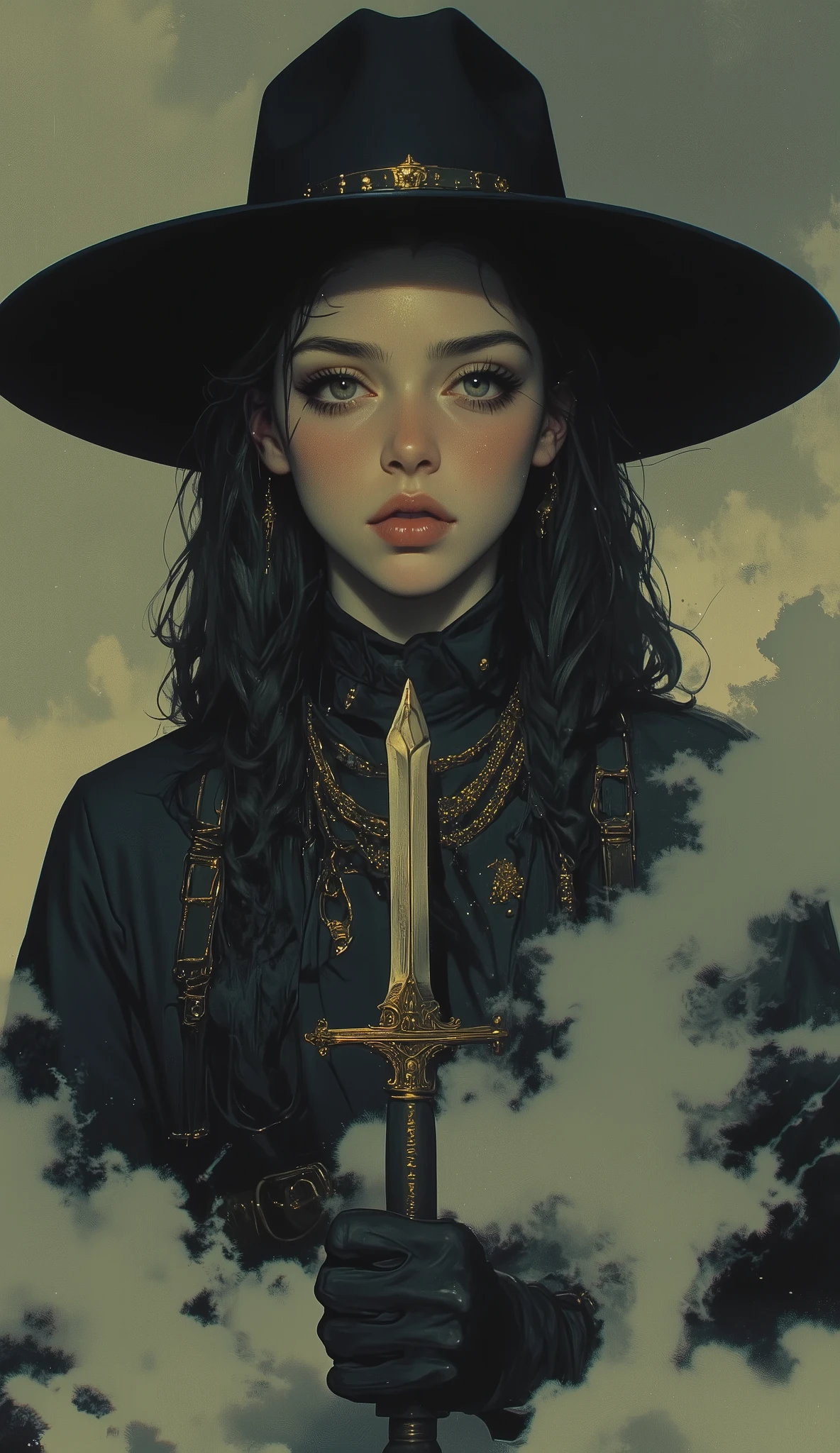 high school girl, intense expression that radiates deep wisdom and mystery, Misty, dreamy background 、 cowboy style、Wear a deep cowboy bat、 Gold、braids、Kiss the combat knife、