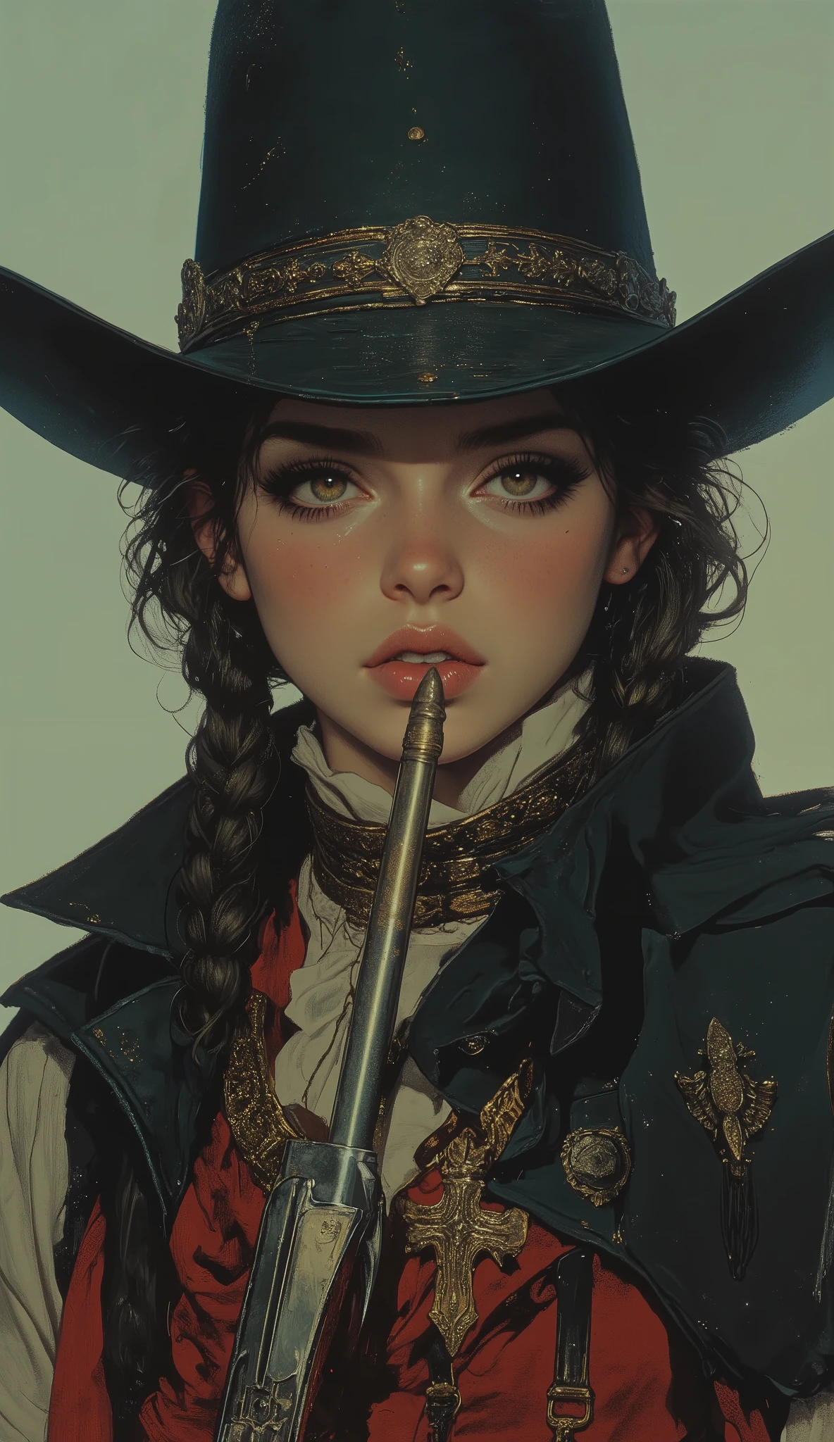 high school girl, intense expression that radiates deep wisdom and mystery, Misty,  dreamy background 、 cowboy style、Wear a deep cowboy bat、 Gold、braids、Kiss the shotgun、