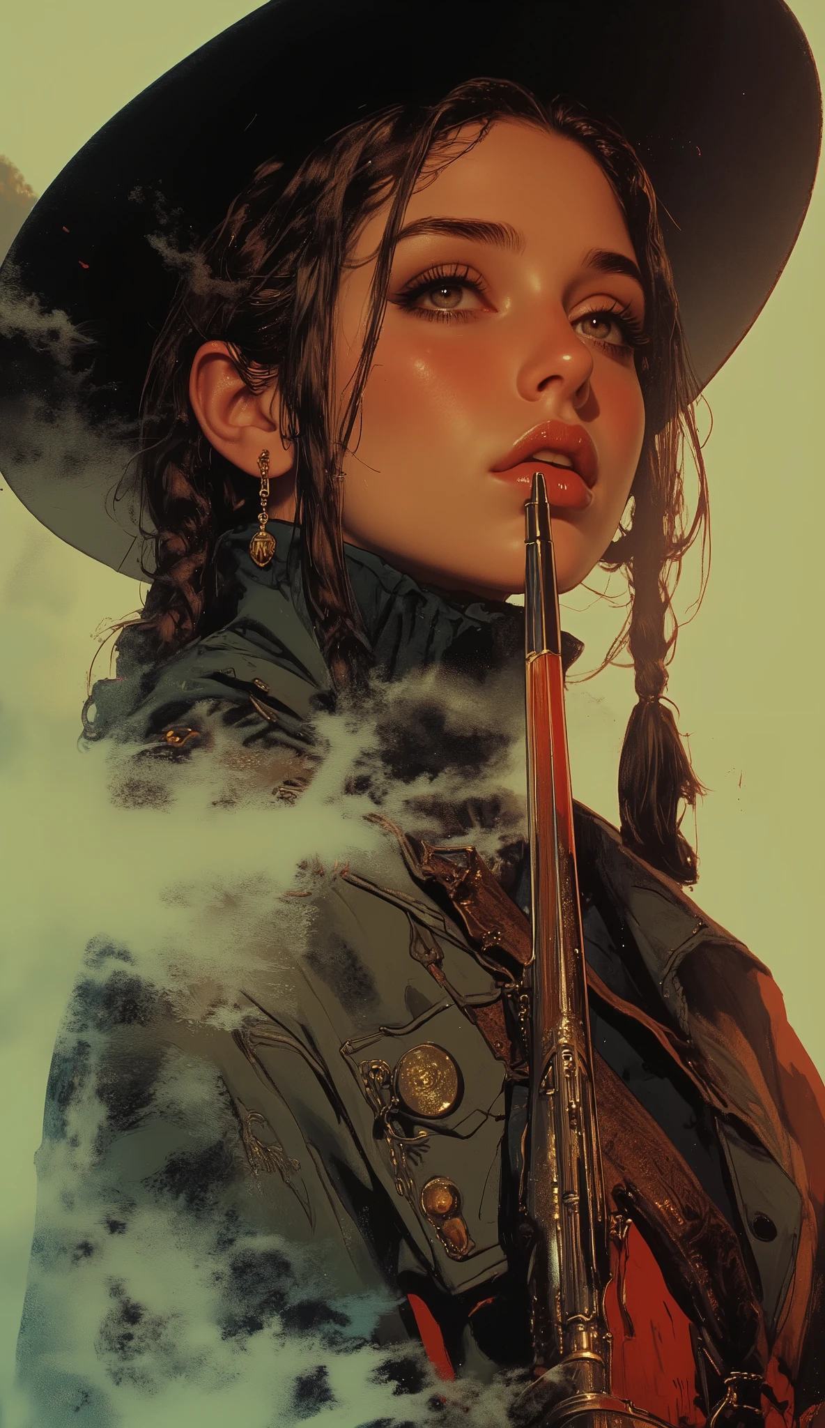 high school girl, intense expression that radiates deep wisdom and mystery, Misty, dreamy background 、 cowboy style、Wear a deep cowboy bat、 Gold、braids、Kiss the shotgun、