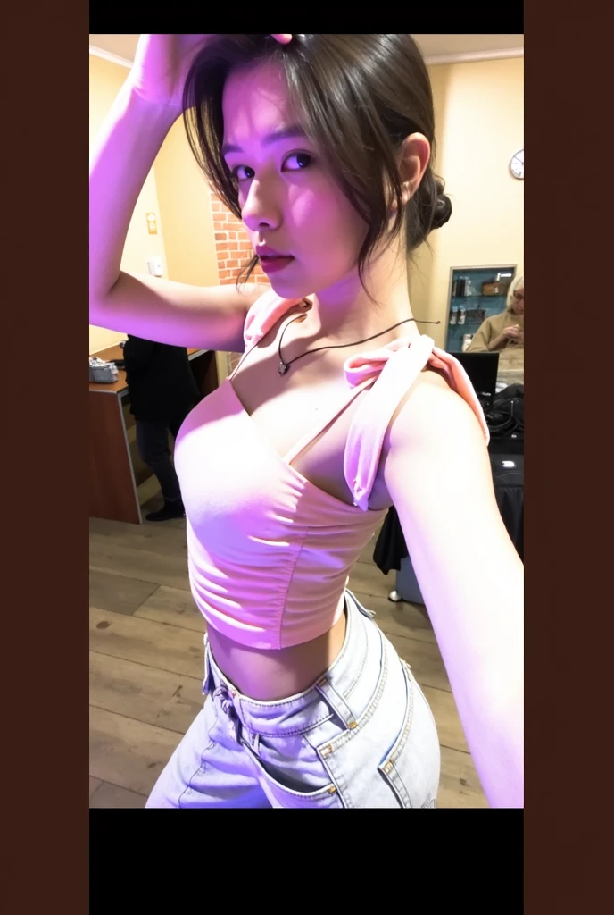 arafed woman taking a selfie in a mirror with a camera, her belly button is exposed, charli xcx, mirror selfie, tinyest midriff ever, wearing a sexy cropped top, physical : tinyest midriff ever, low quality video, belly button showing, 2 4 year old female model, thin waist, wearing a cropped black tank top, Big tits, huge tits, no clothes, sexy, cute, wide hips, thick thighs, pear-shaped body, minimal clothes, thick, bbw, chubby stomach, thick nipples, nipple piercings, large areola, hard nipples, piercing through shirt, nipples hard through shirt, busty, major cleavage, naked, ripping through top, spilling over sides, bra too tight, giant , dominatrix, dominatrix clothes, brunette, belly button, less clothes, upper body zoom